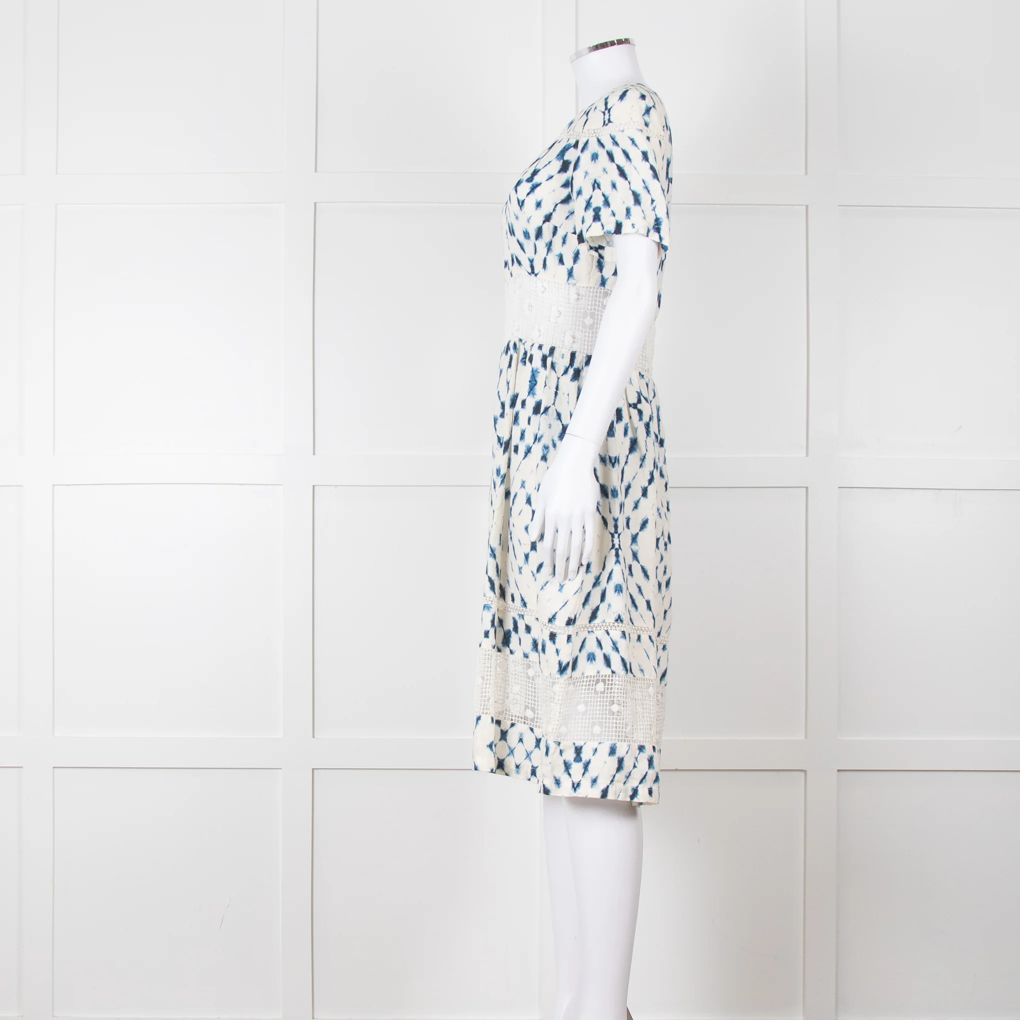 120% Lino Cream Blue Tie Dye Lace Trim Dress - Image 3