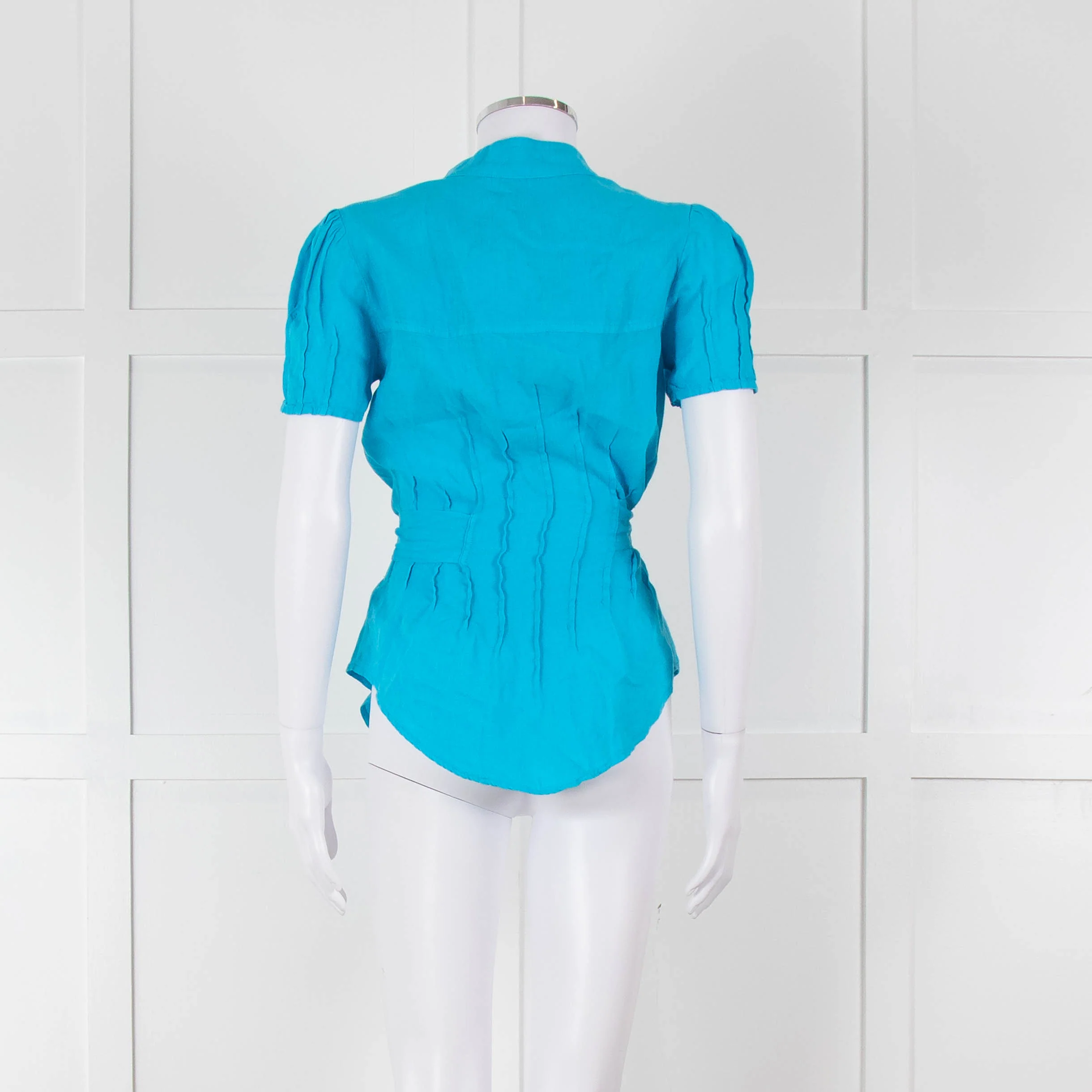 120% Lino Turquoise Linen Frill Trim Short Sleeve Top - Image 5