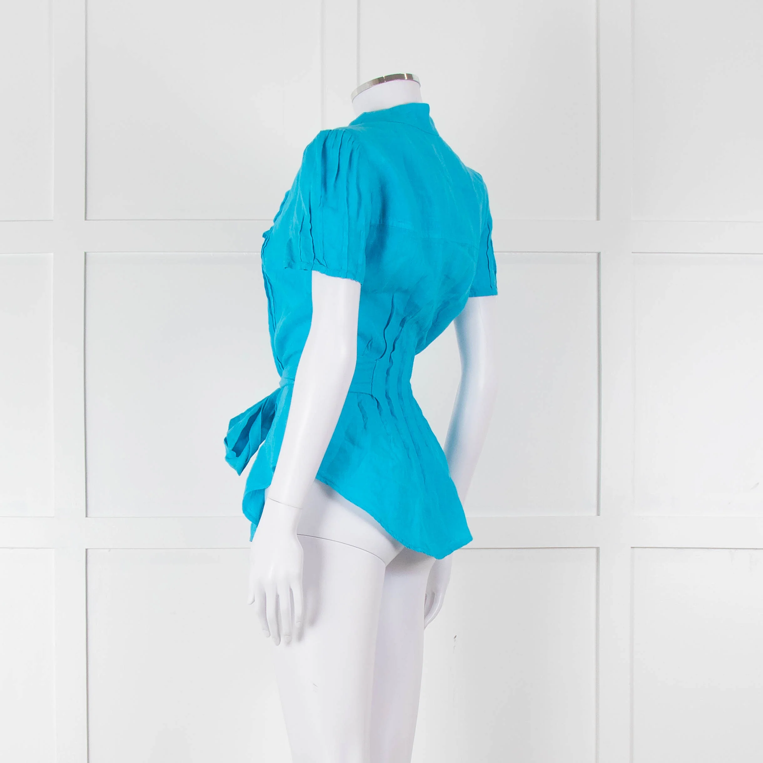 120% Lino Turquoise Linen Frill Trim Short Sleeve Top - Image 6