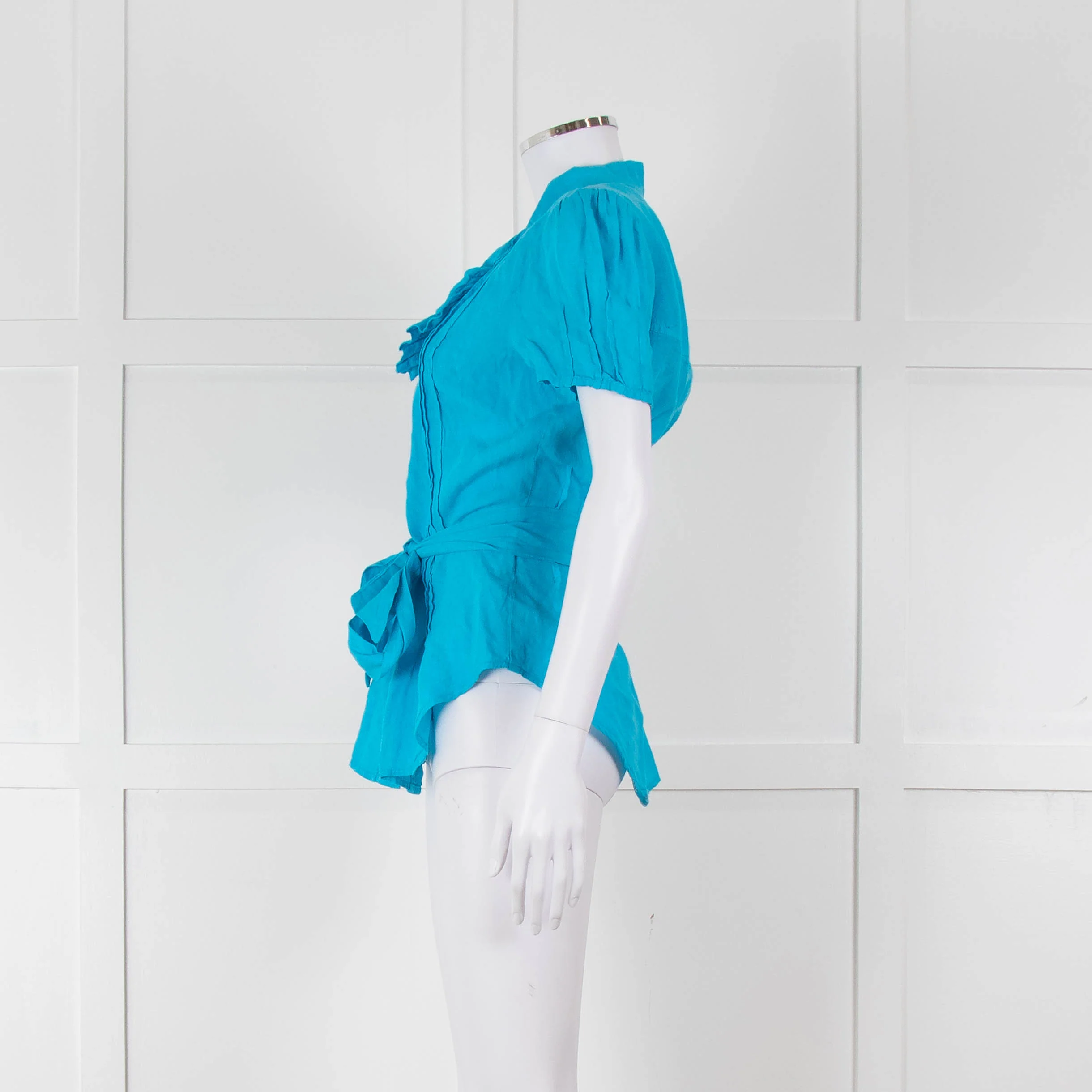120% Lino Turquoise Linen Frill Trim Short Sleeve Top - Image 7