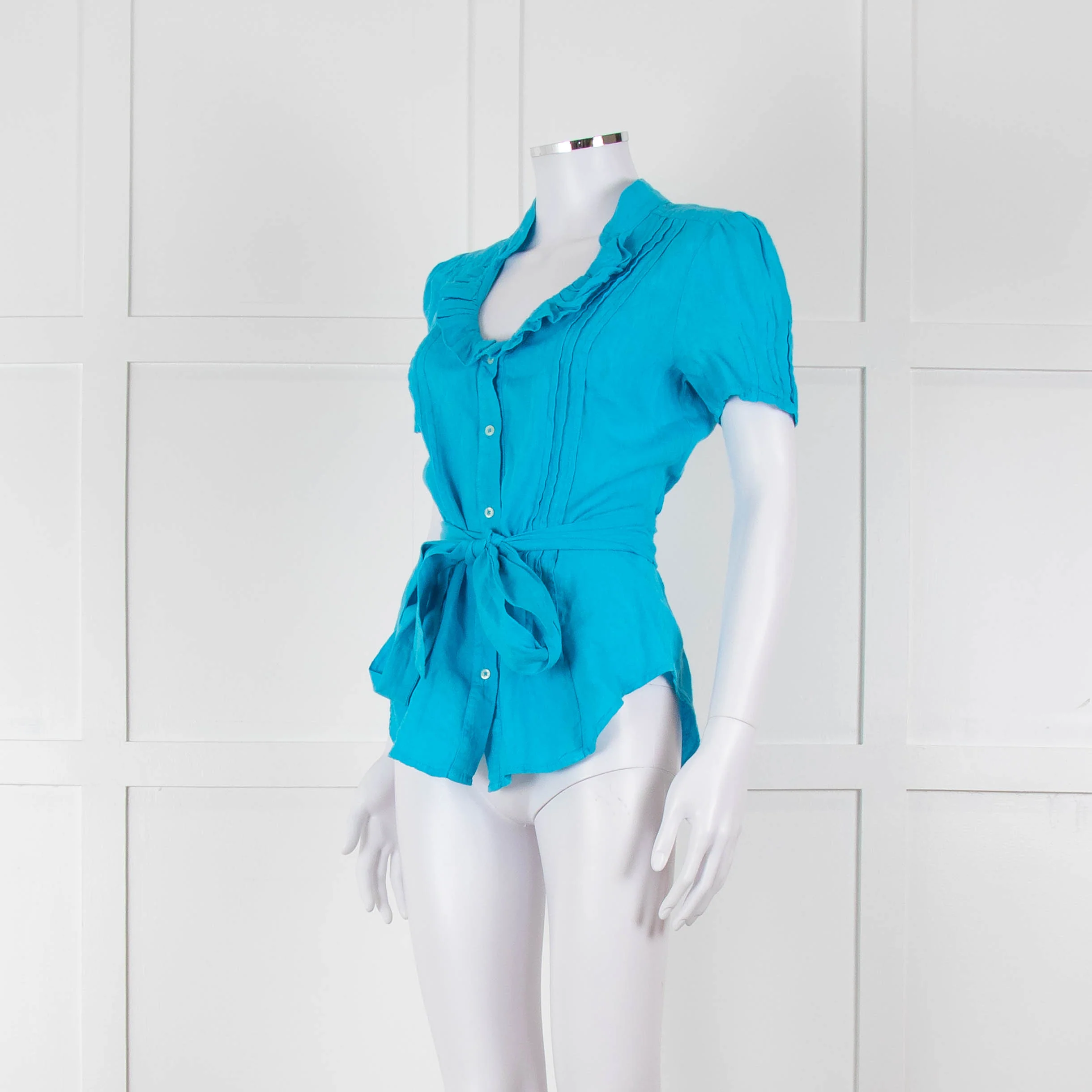 120% Lino Turquoise Linen Frill Trim Short Sleeve Top - Image 8