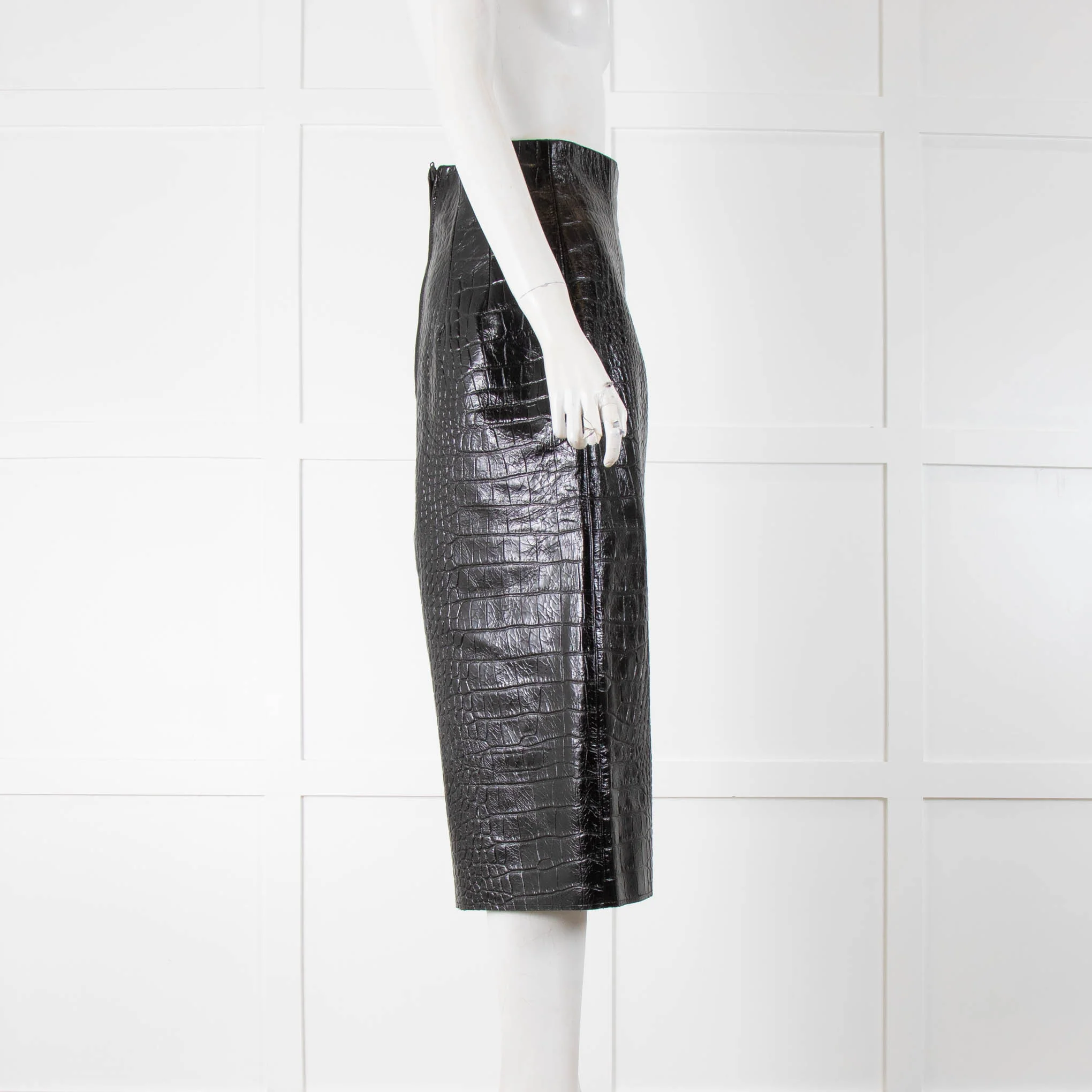16Arlington Black Leather Croc Print Thigh Slit Midi Skirt - Image 2