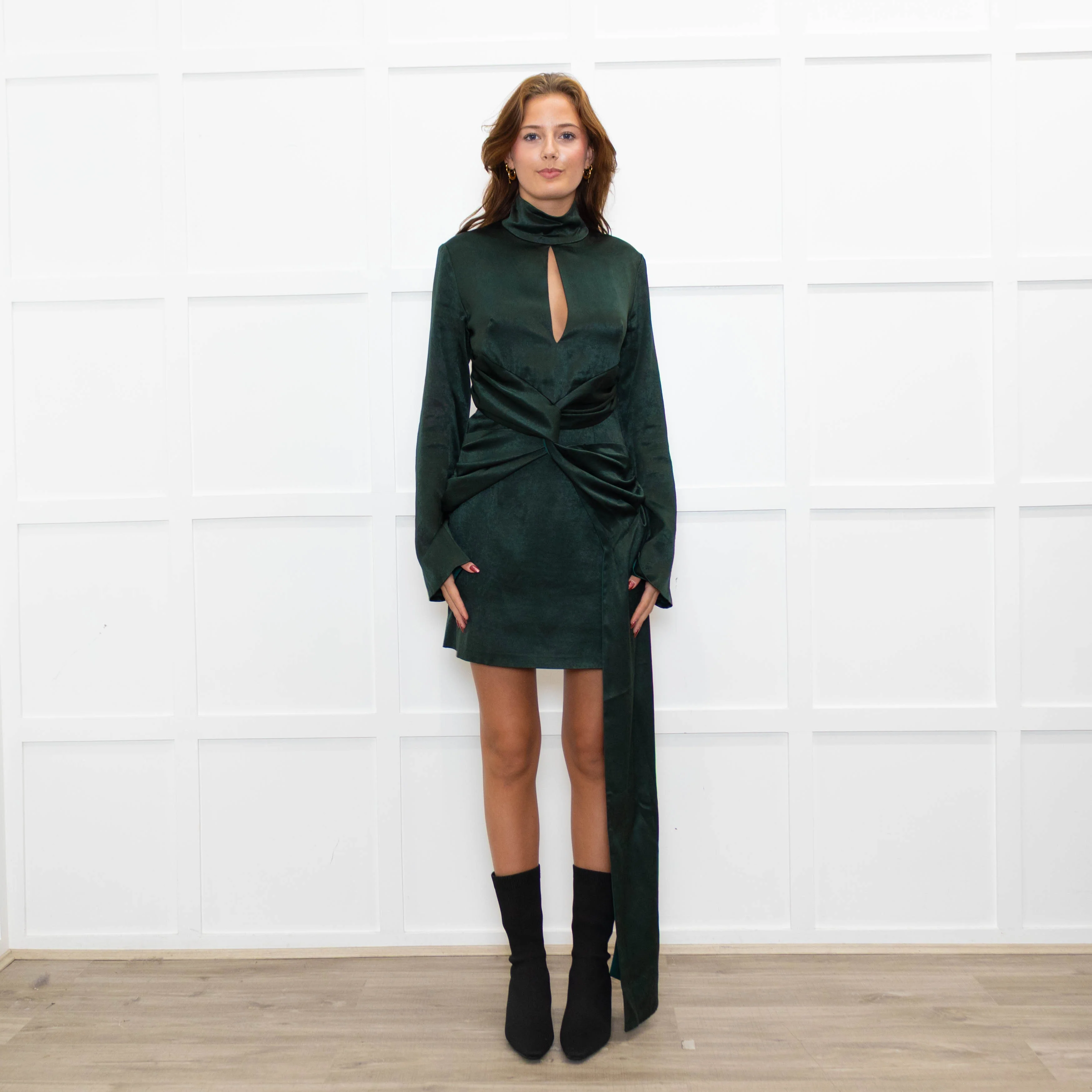 16Arlington Green Satin Mini Dress with Draped Waist