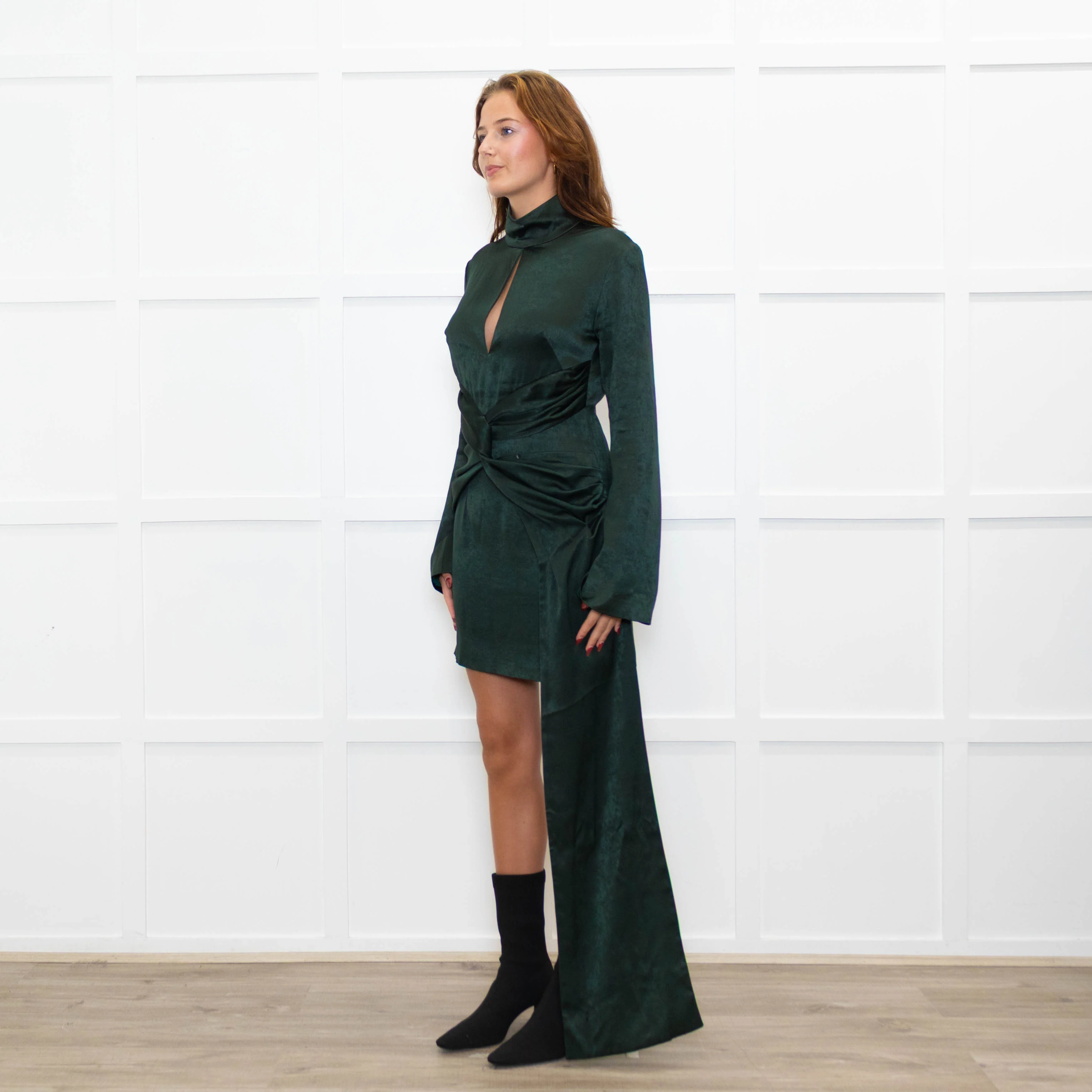 16Arlington Green Satin Mini Dress with Draped Waist - Image 3