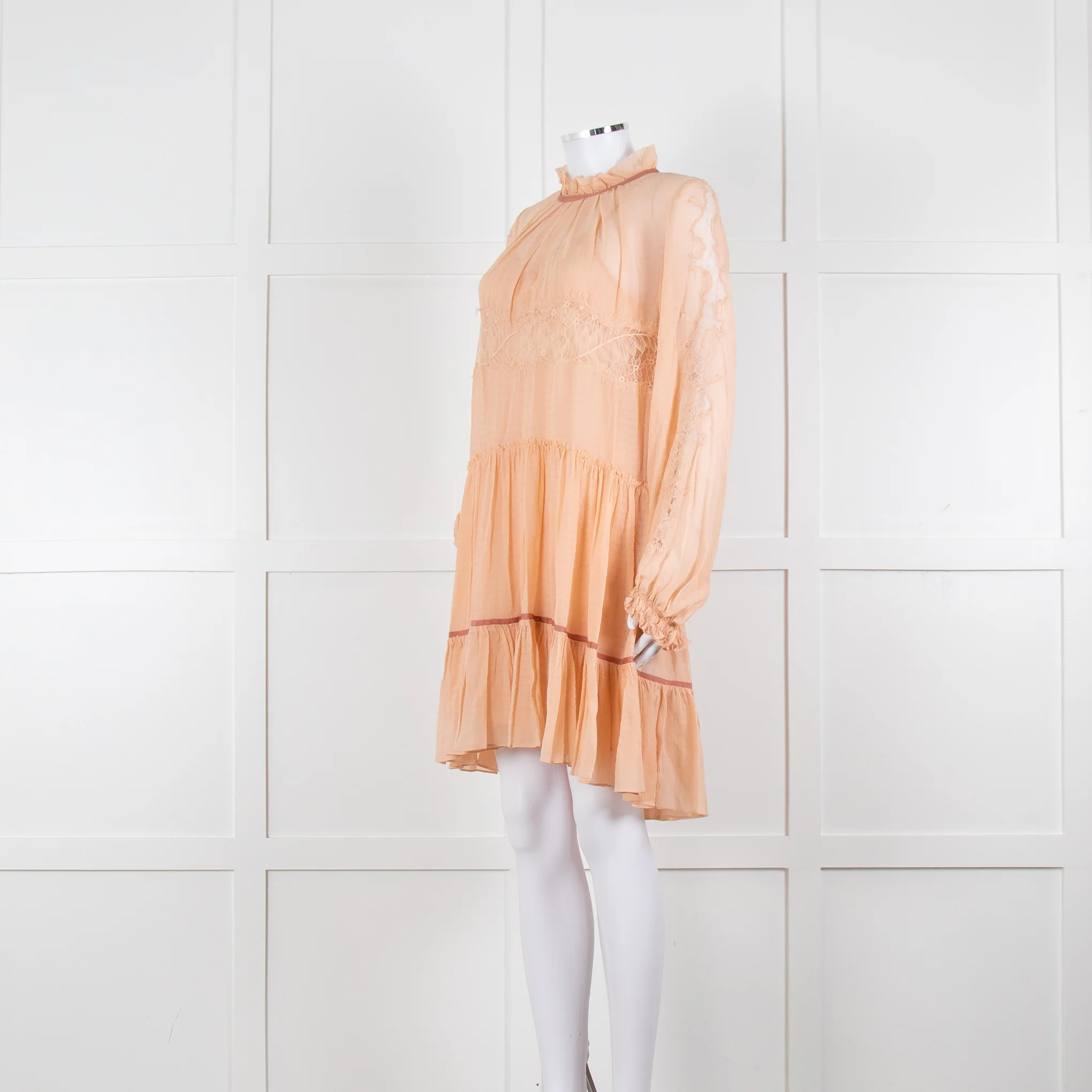 3.1 Philip Lim Peach Silk Lace Detail Tiered Short Dress With Slip - Image 8