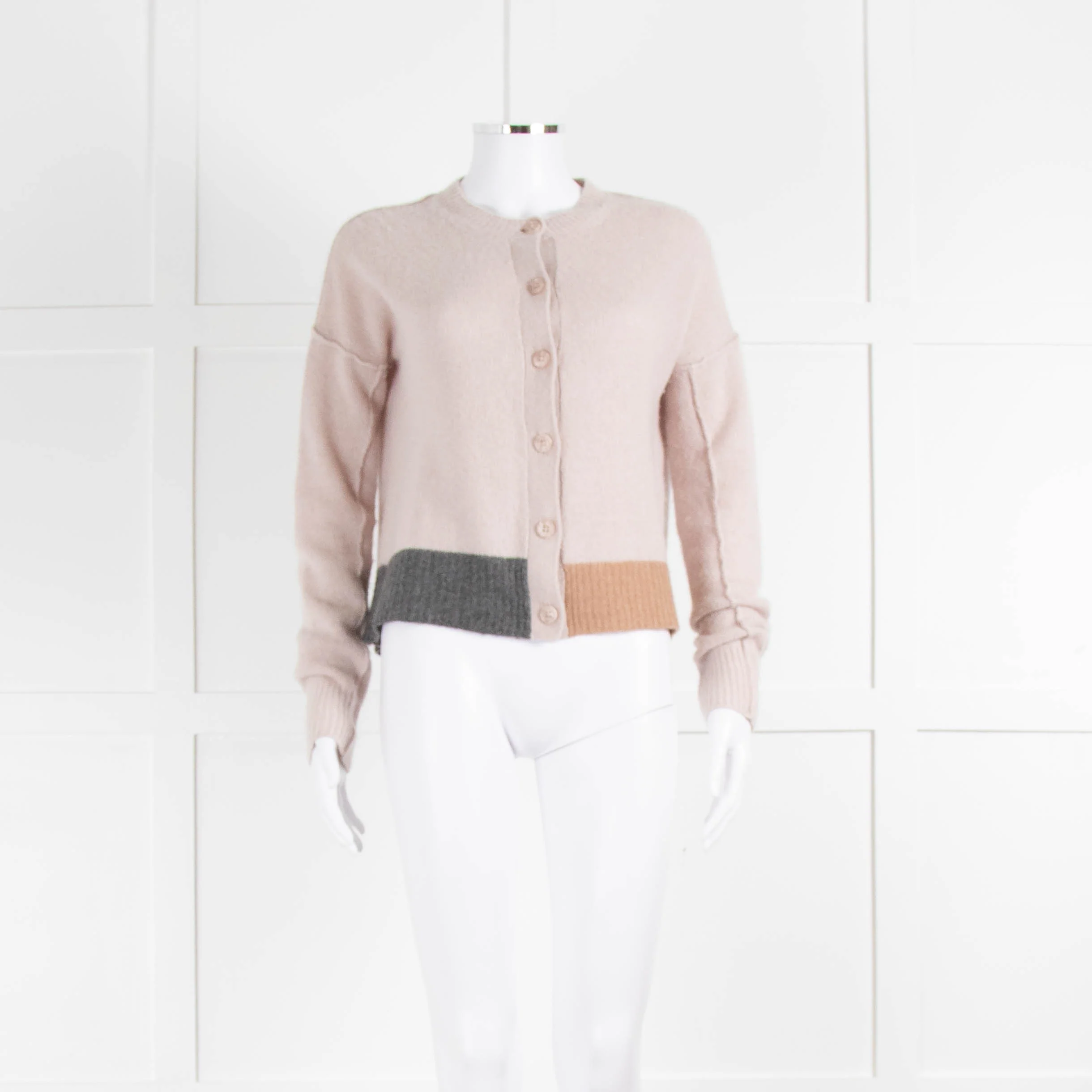 360 Cashmere Beige Cashmere Cardigan With Grey And Camel Rib Hem - Image 2