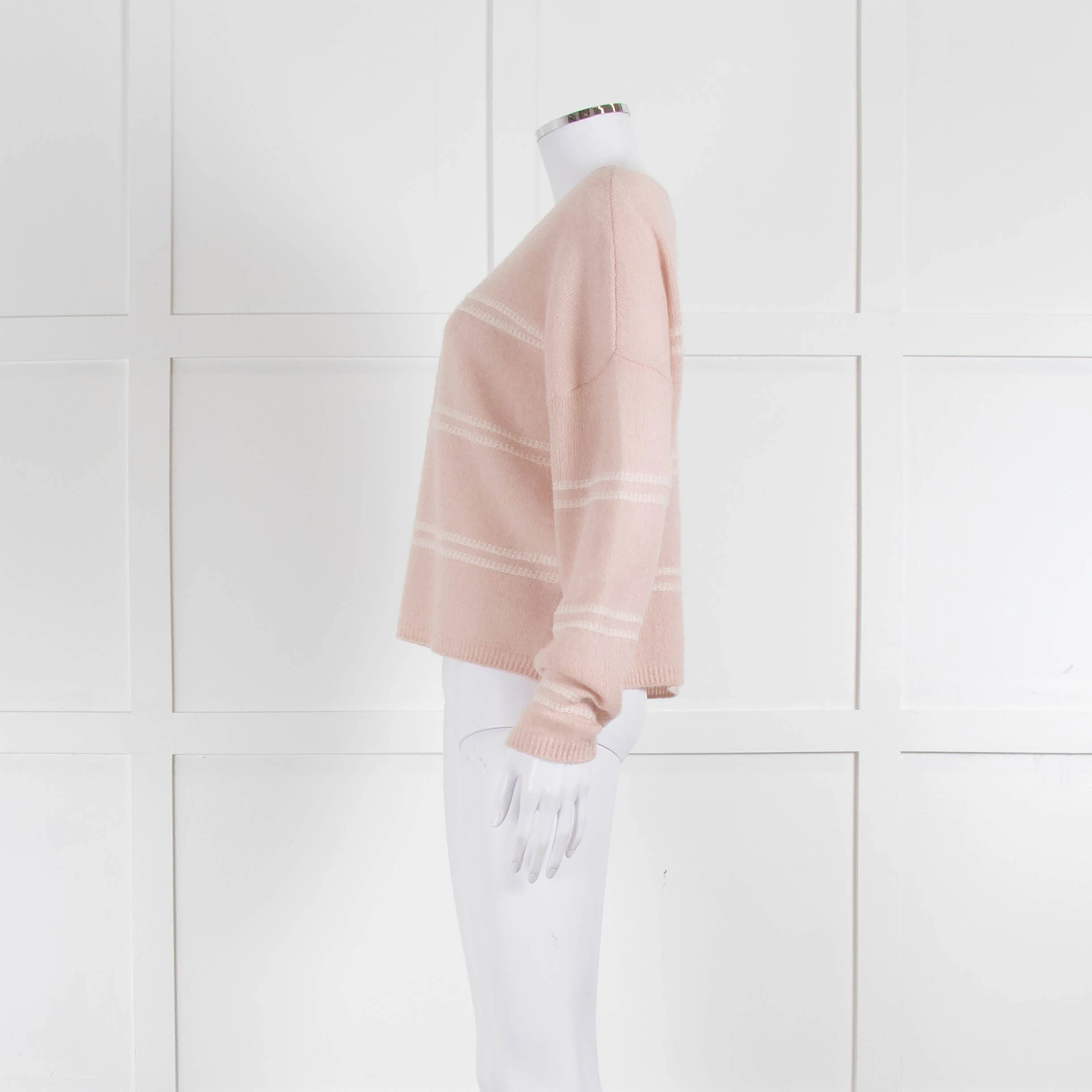 360 Cashmere Pink Boat Neck Cashmere Jumper With White Stripe - Image 7