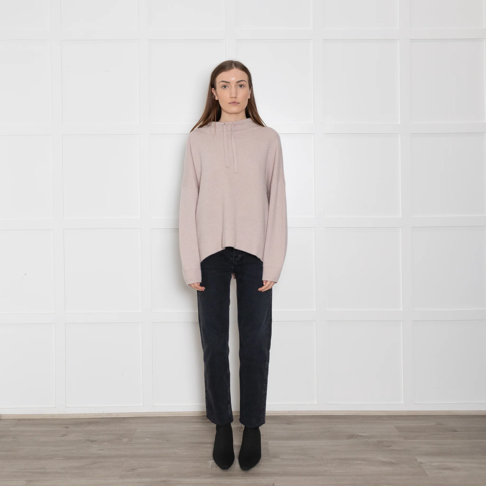 360 Cashmere Pink Jumper With Black Side Stripes & Tie Neck