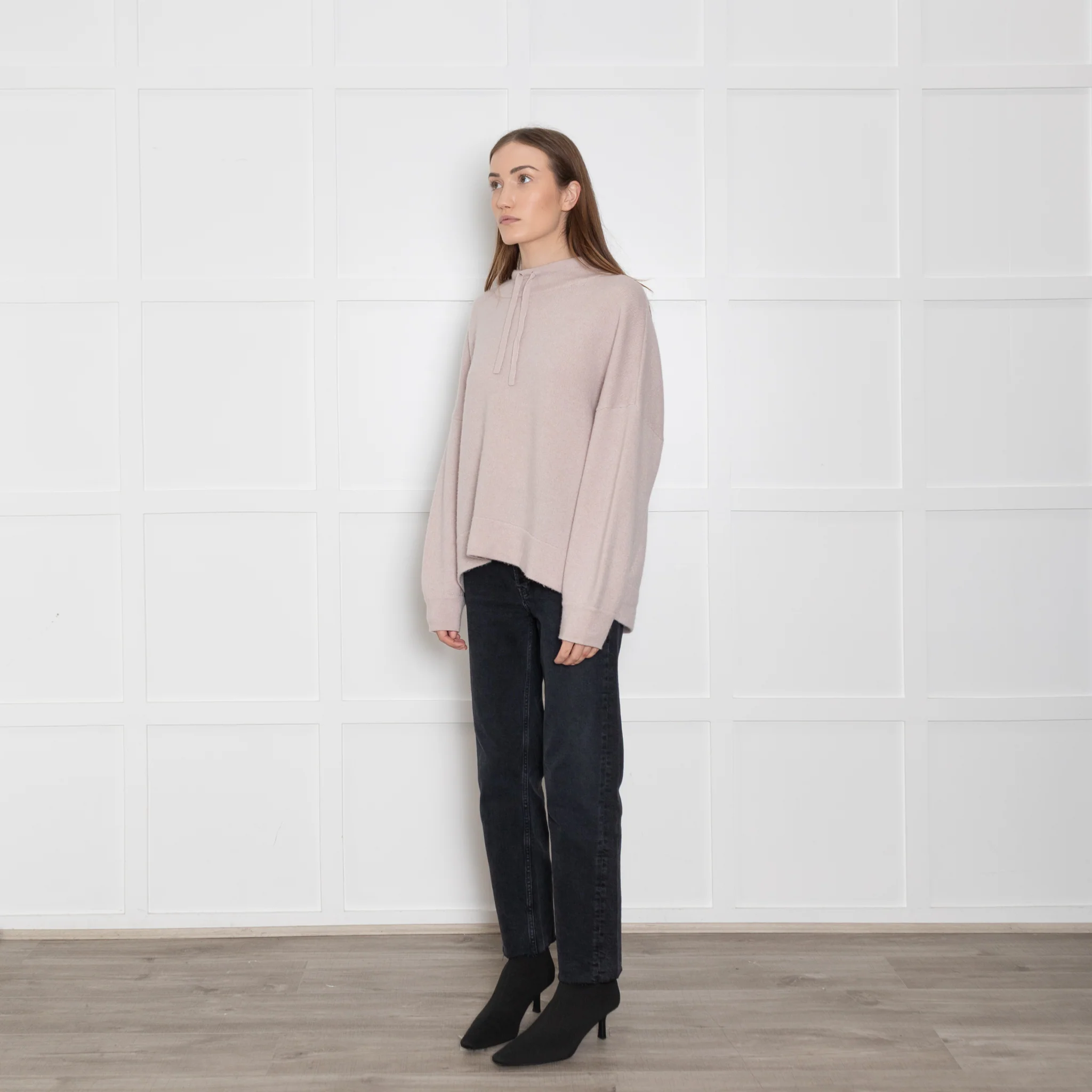 360 Cashmere Pink Jumper With Black Side Stripes & Tie Neck - Image 3