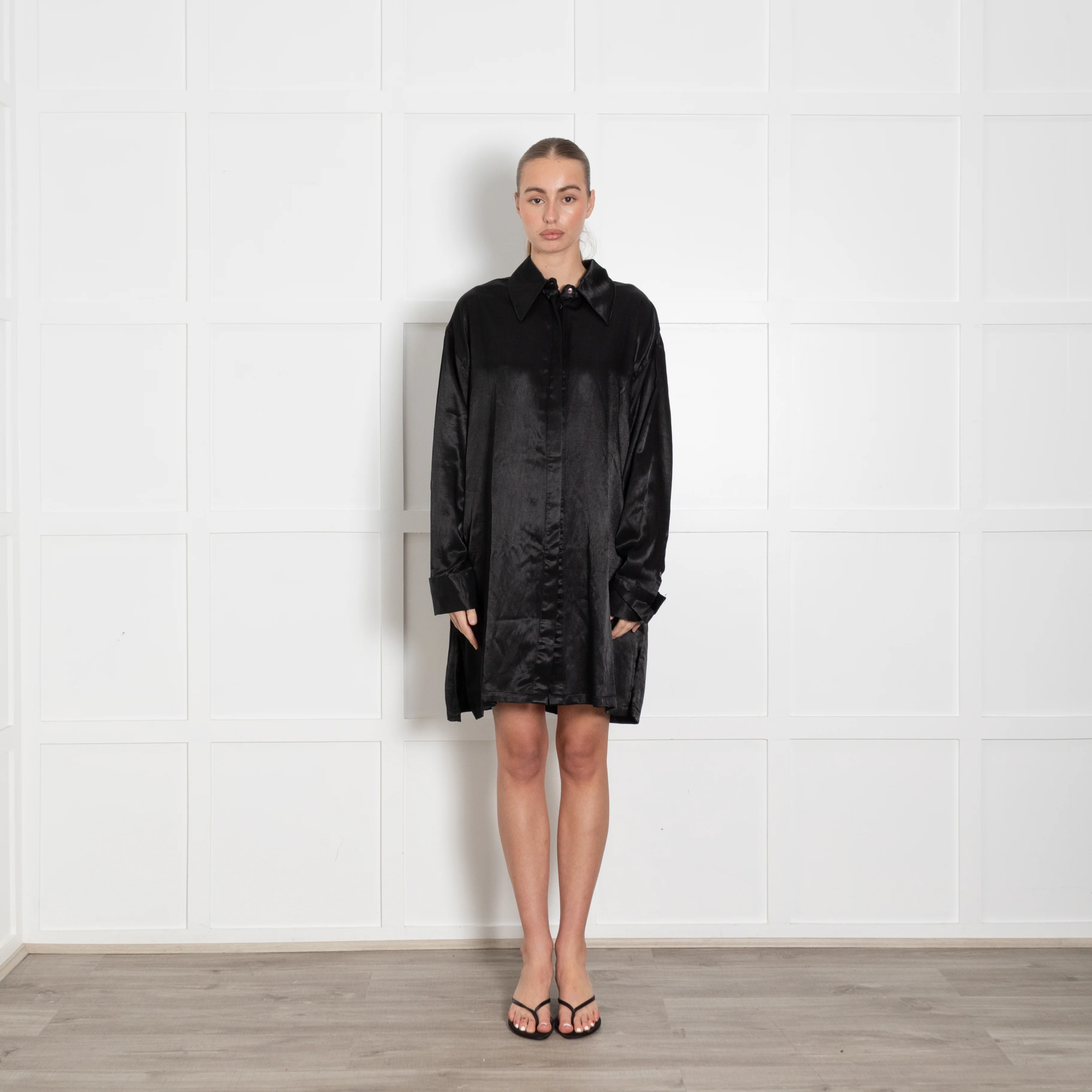 A Perfect Nomad Black  Cotton & Hemp 'Satin' Shirt Dress