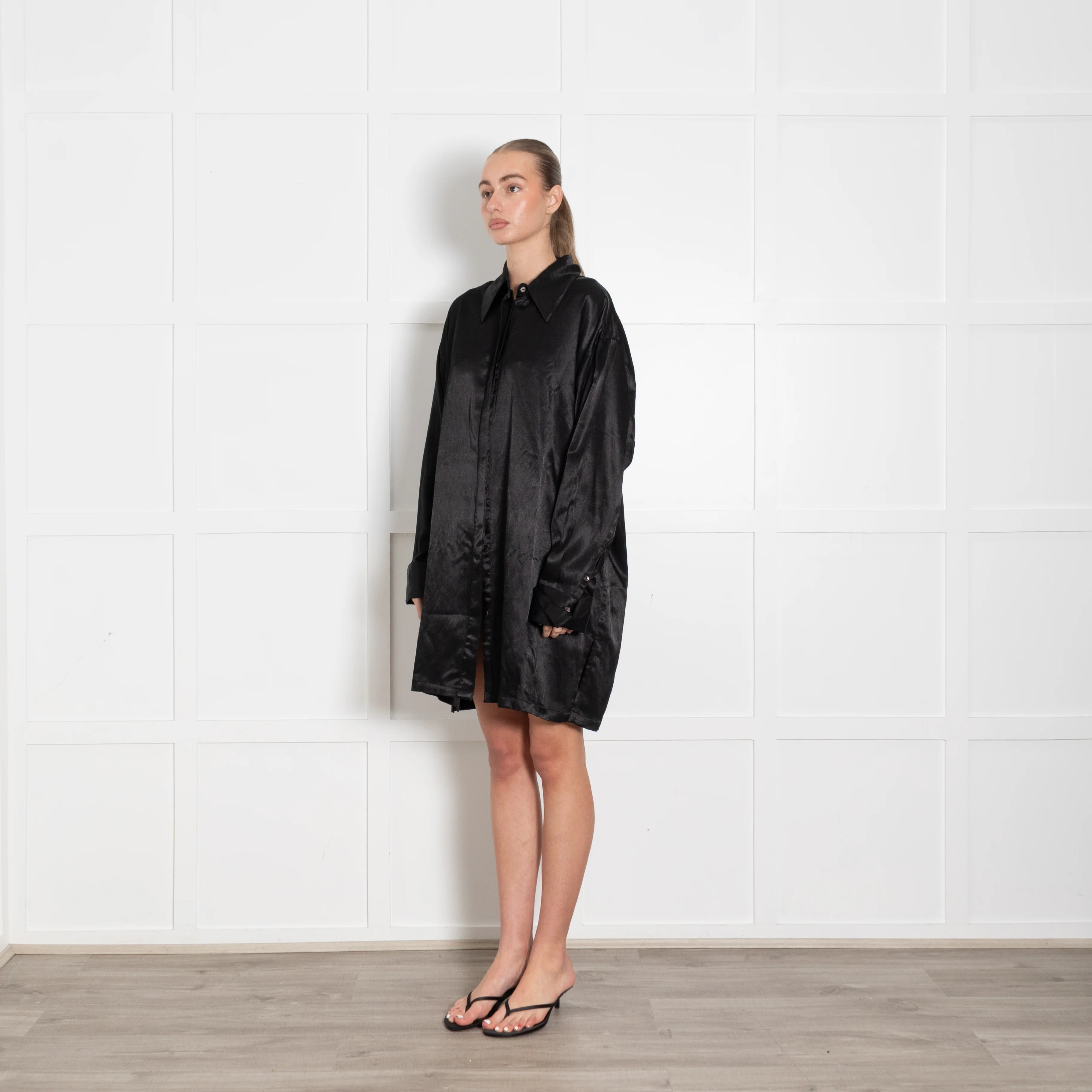 A Perfect Nomad Black  Cotton & Hemp 'Satin' Shirt Dress - Image 3