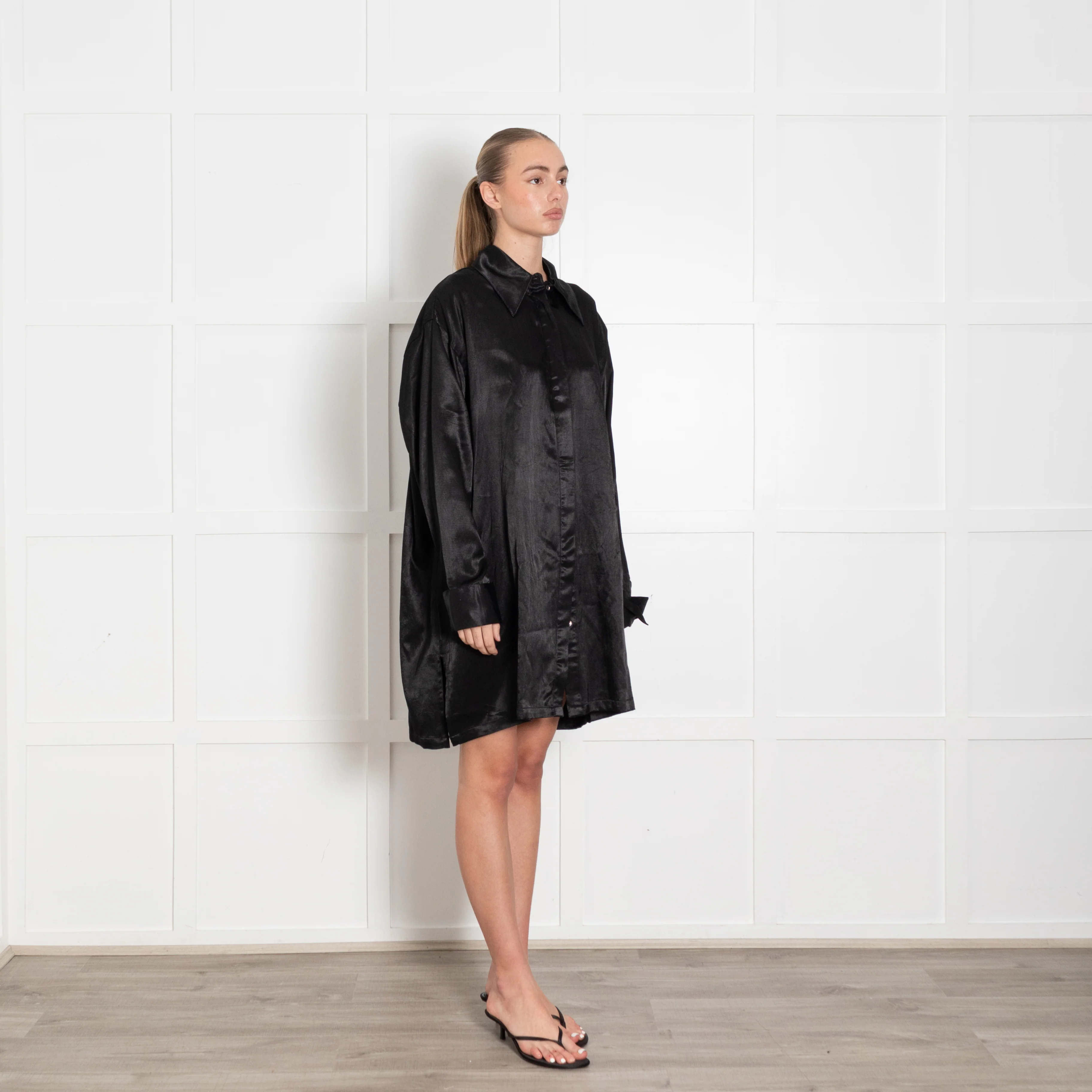 A Perfect Nomad Black  Cotton & Hemp 'Satin' Shirt Dress - Image 6