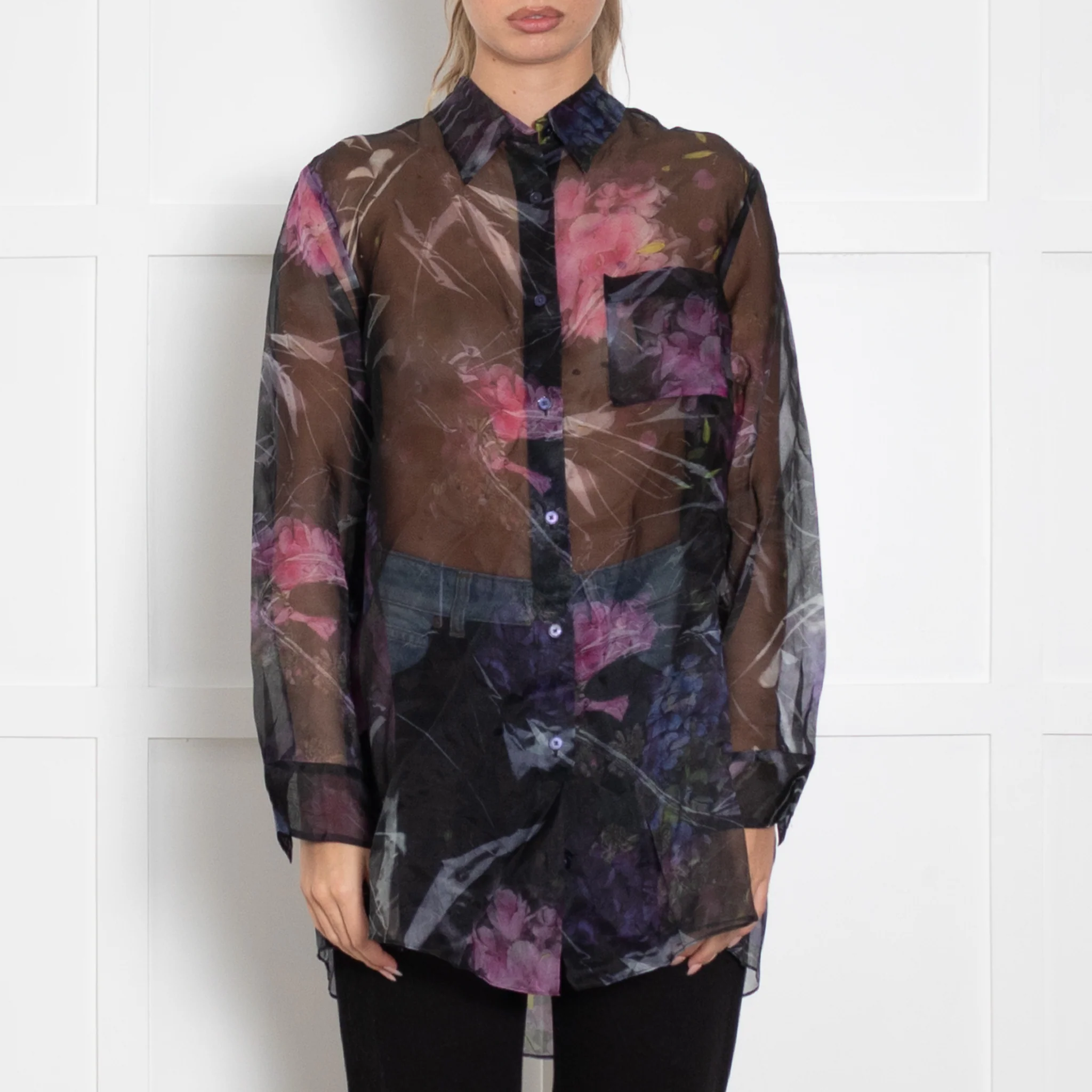 Acne Black With Floral Pattern Silk Sheer Oversized Blouse - Image 2