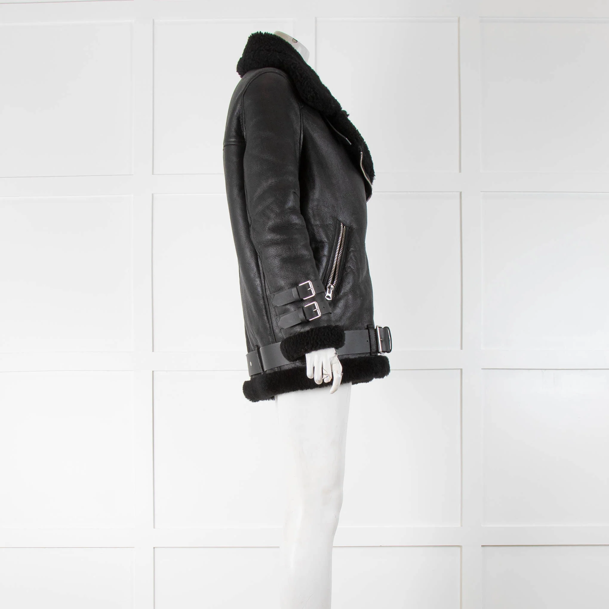 Acne Studios Black Shearling Oversized Biker Jacket - Image 2