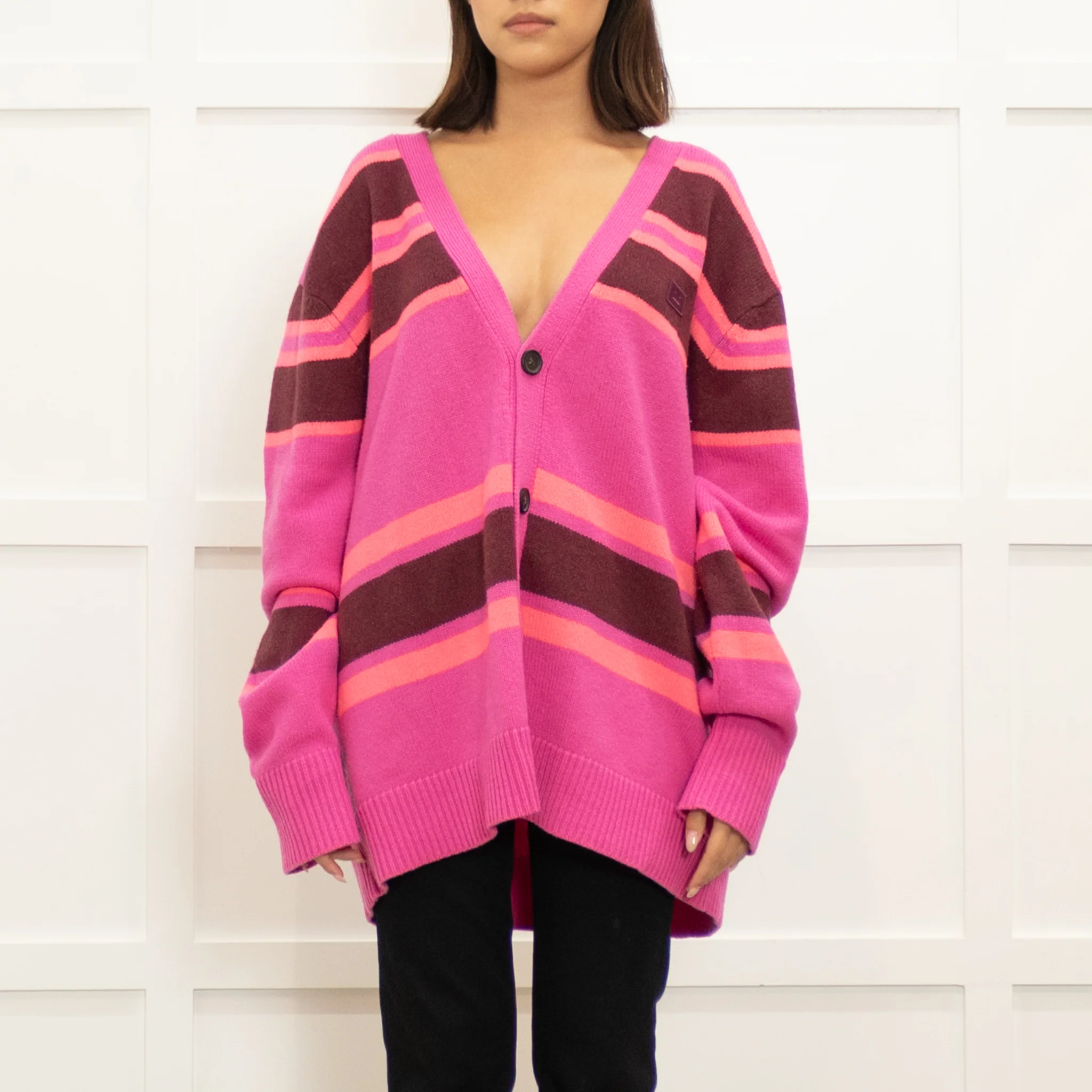 Acne Studios Bright Pink Coral Brown Wool Stripe Cardigan - Image 2