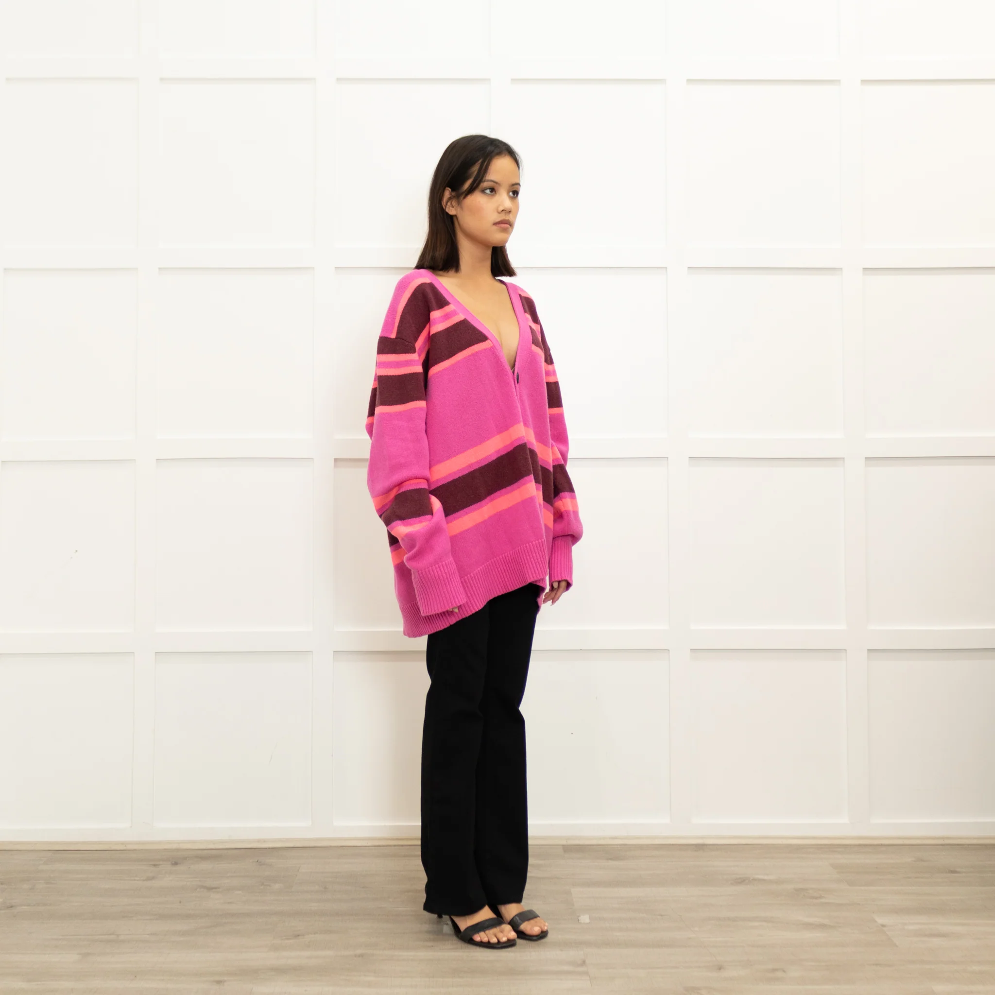 Acne Studios Bright Pink Coral Brown Wool Stripe Cardigan - Image 3