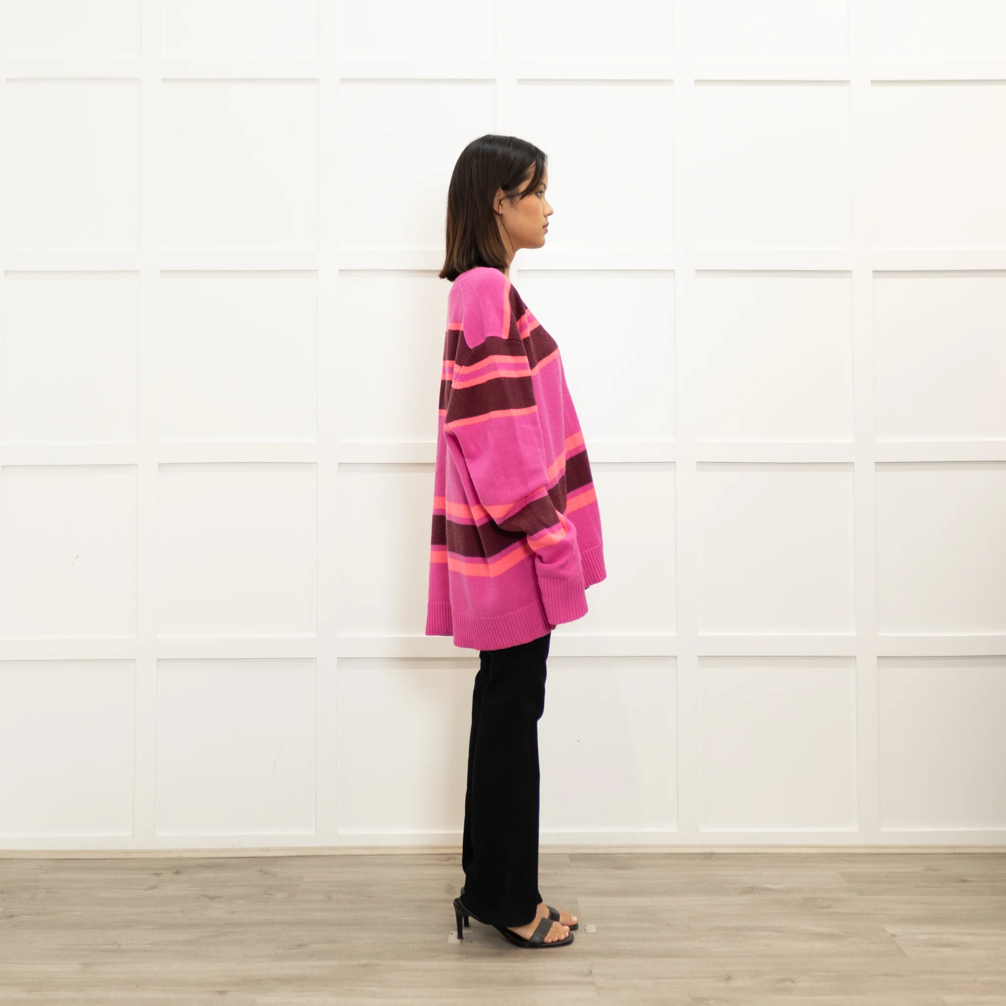 Acne Studios Bright Pink Coral Brown Wool Stripe Cardigan - Image 4