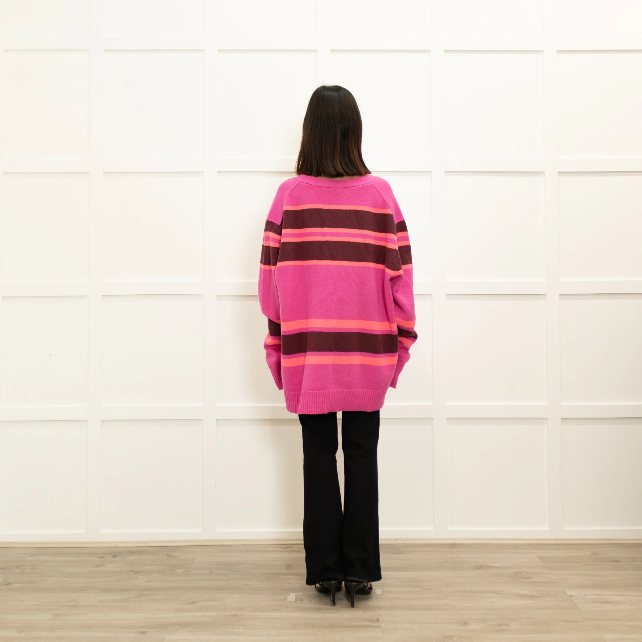 Acne Studios Bright Pink Coral Brown Wool Stripe Cardigan - Image 5