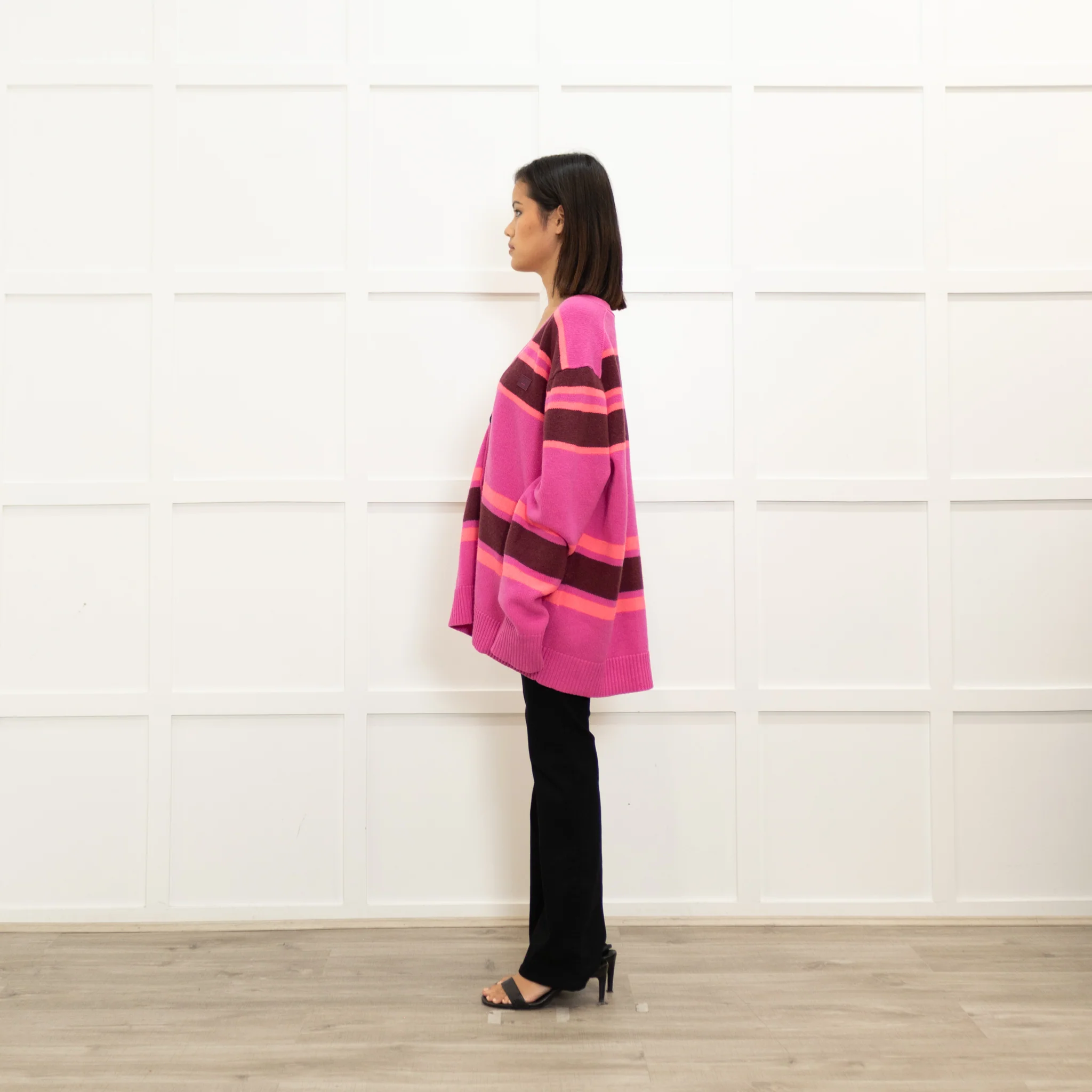 Acne Studios Bright Pink Coral Brown Wool Stripe Cardigan - Image 6