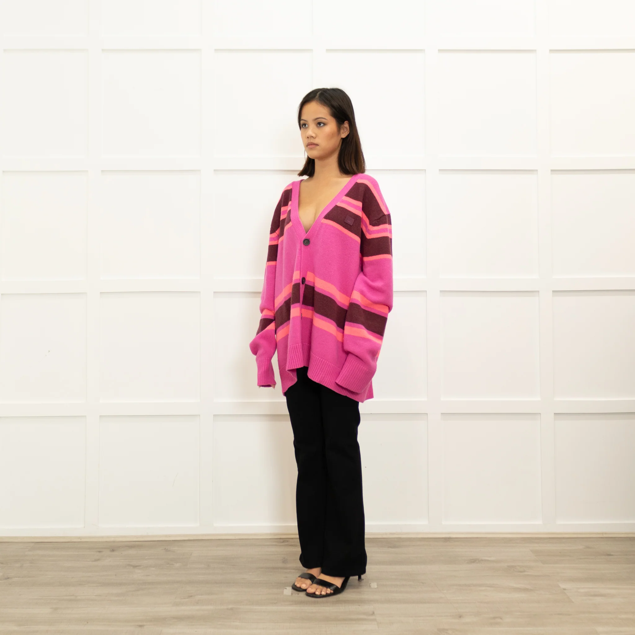 Acne Studios Bright Pink Coral Brown Wool Stripe Cardigan - Image 7