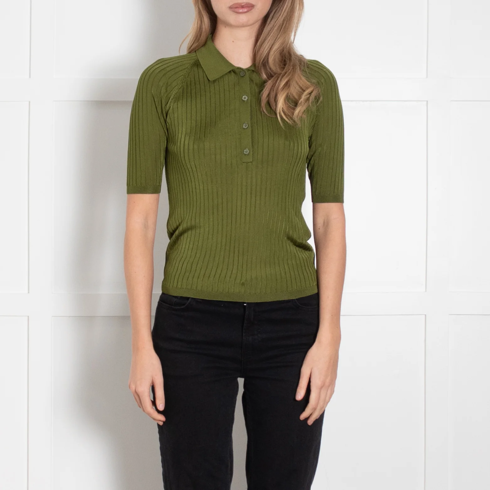Acne Studios Green Ribbed Knit Short Sleeve Polo Top - Image 2
