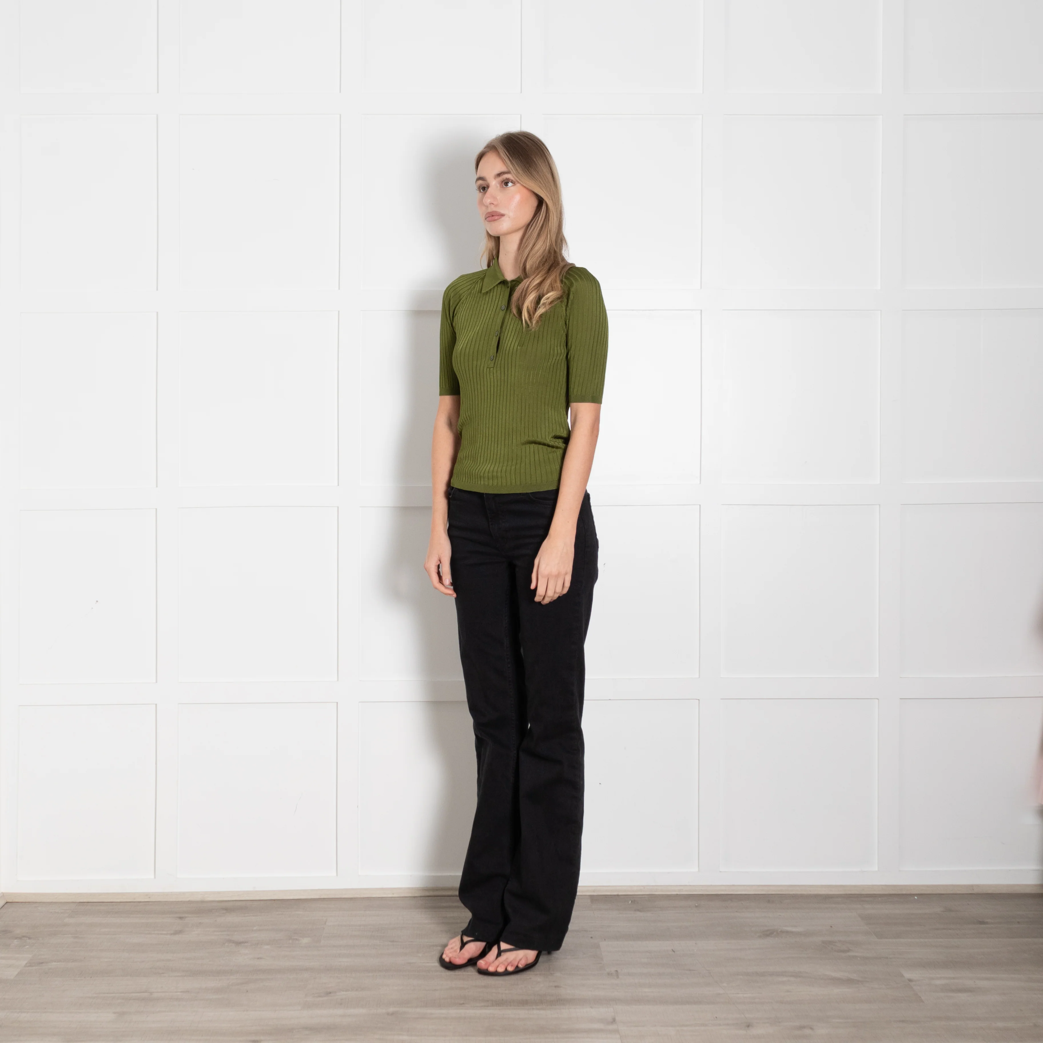 Acne Studios Green Ribbed Knit Short Sleeve Polo Top - Image 3