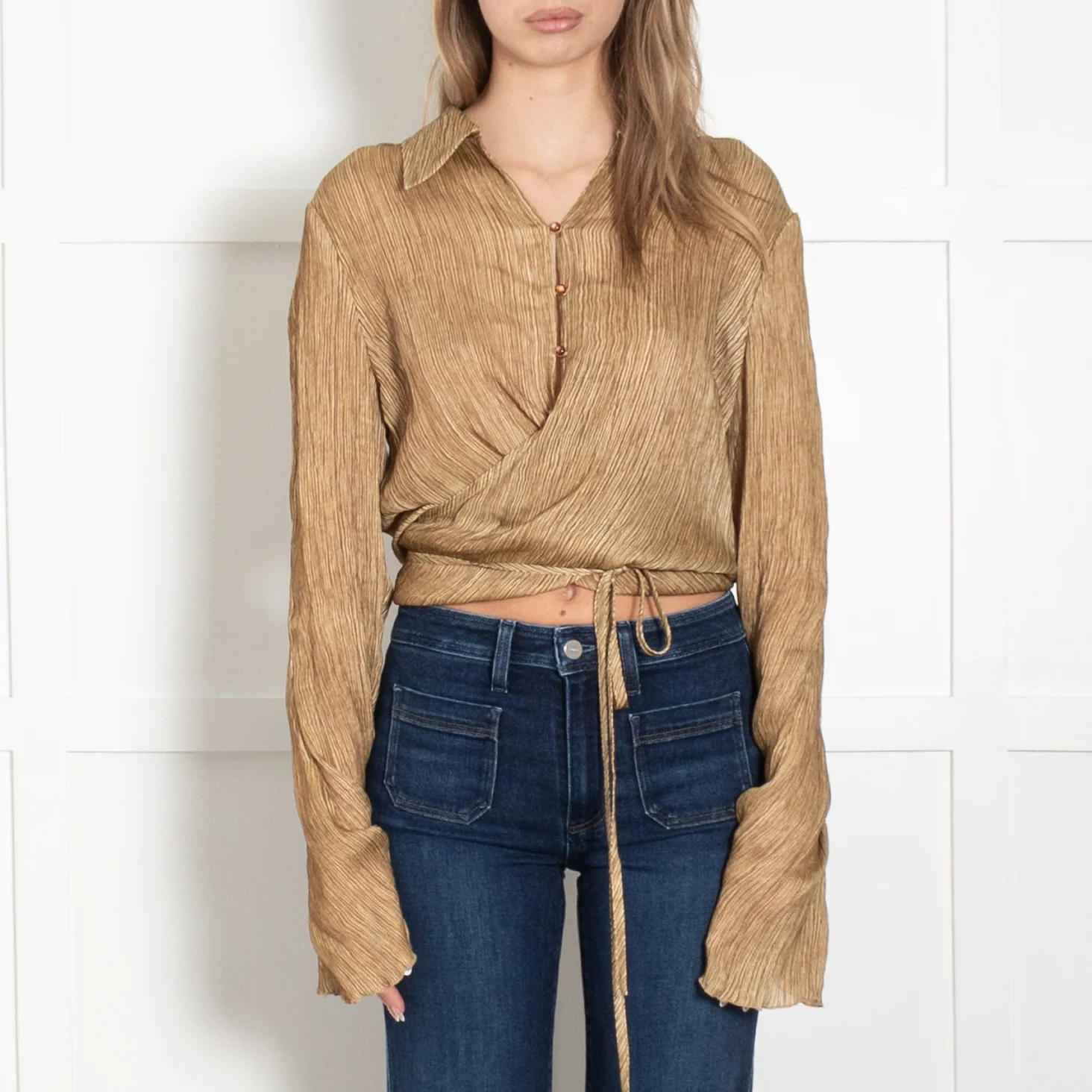 Acne Studios Mustard Teba Crinkled Wrap Over Silk Top - Image 2