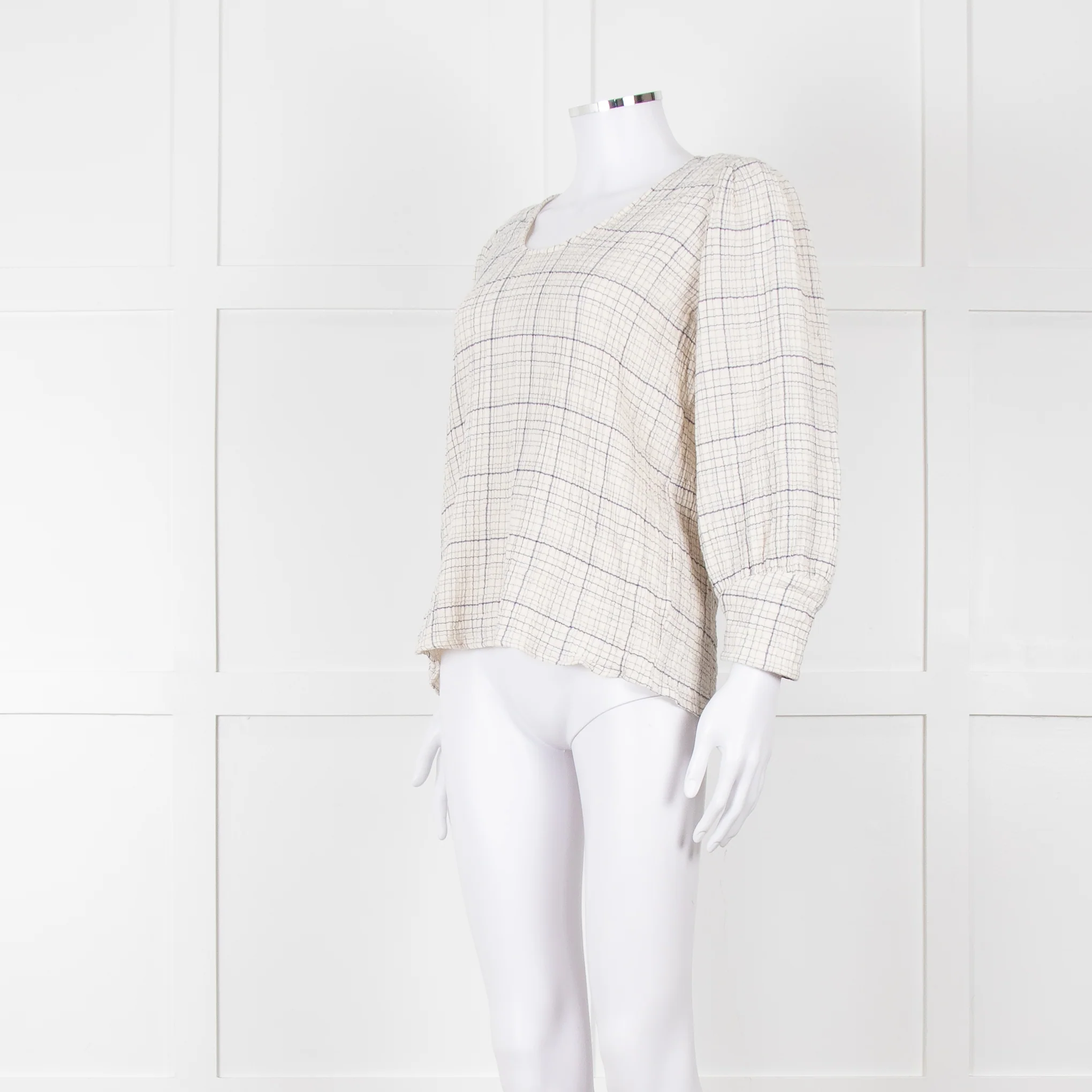 Adolfo Dominguez White and Blue Check Cheesecloth Blouse - Image 2
