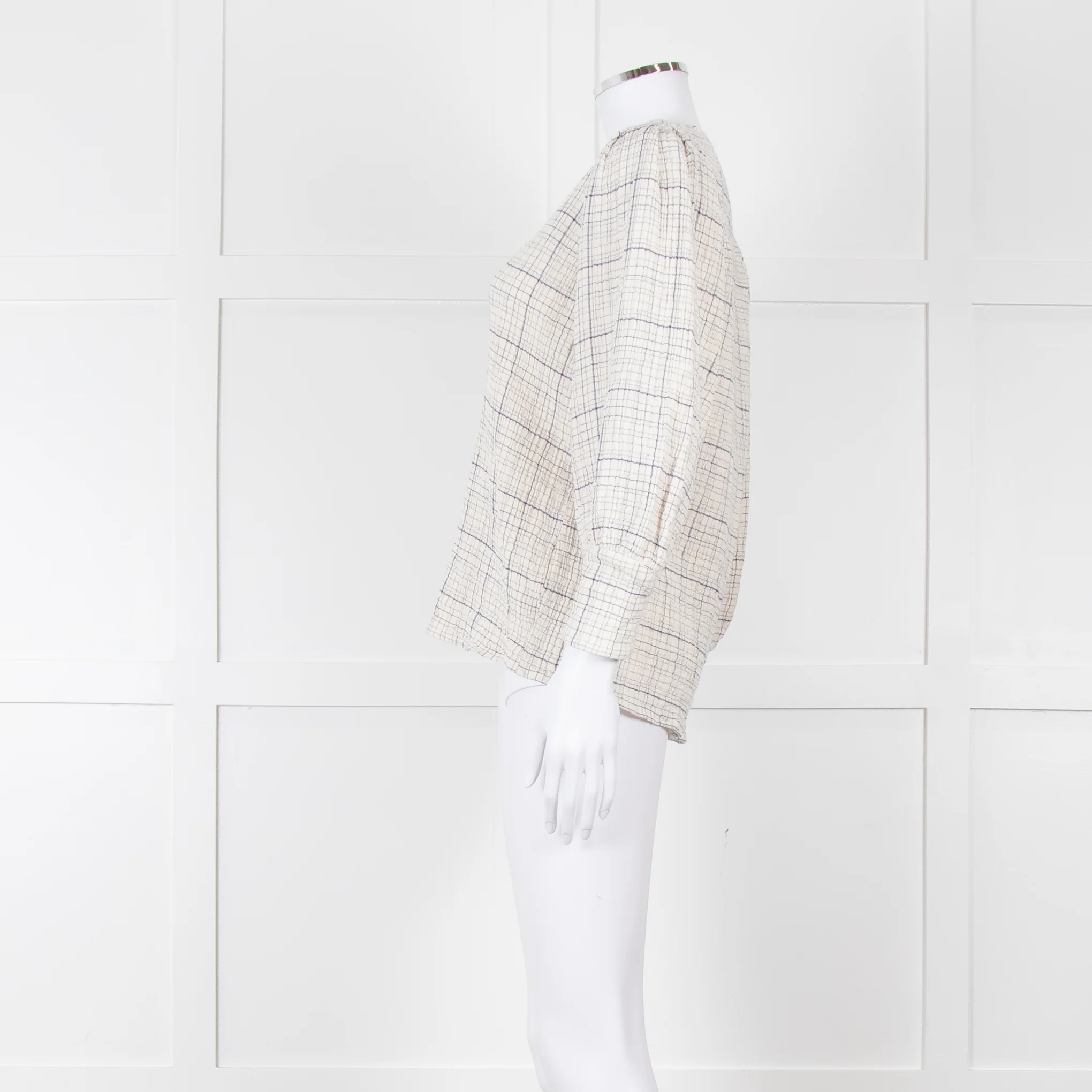 Adolfo Dominguez White and Blue Check Cheesecloth Blouse - Image 3