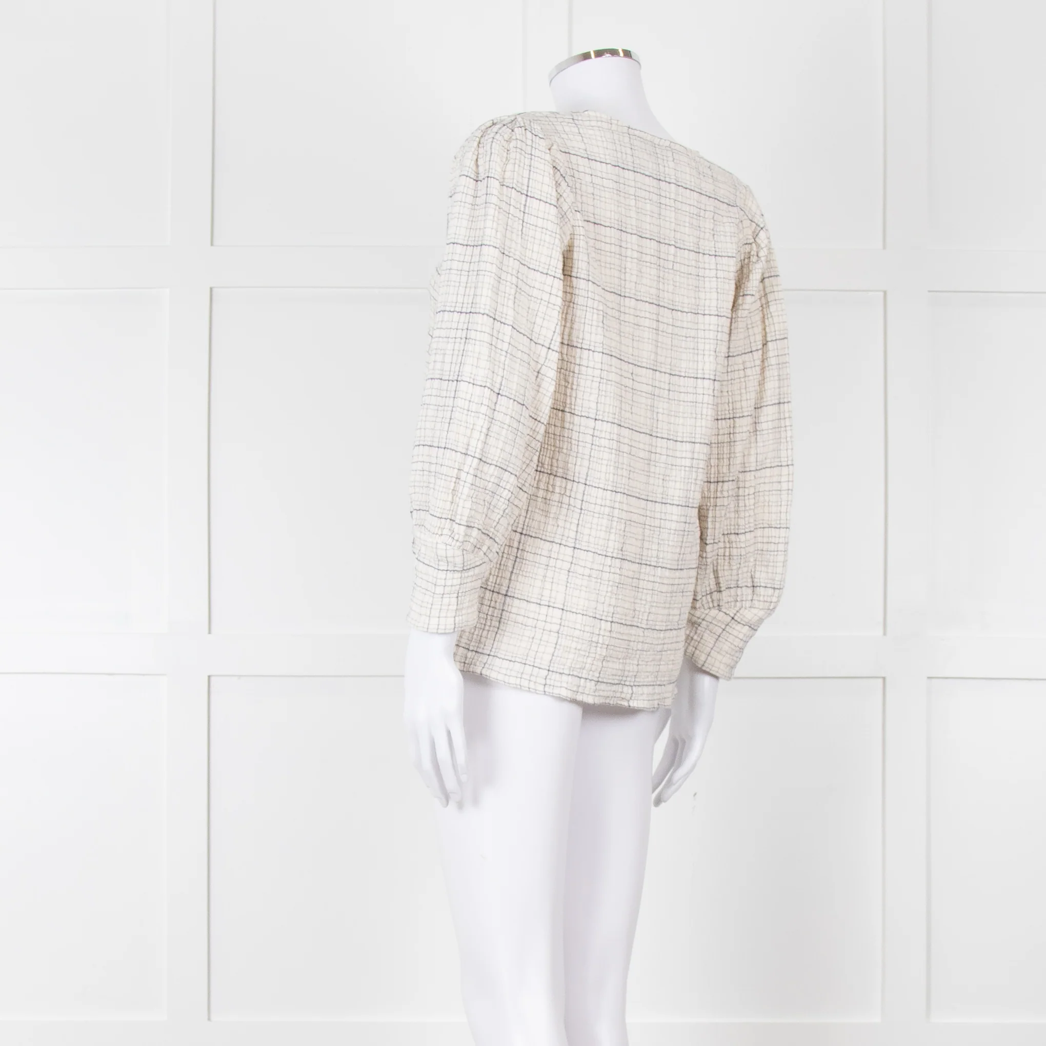 Adolfo Dominguez White and Blue Check Cheesecloth Blouse - Image 4