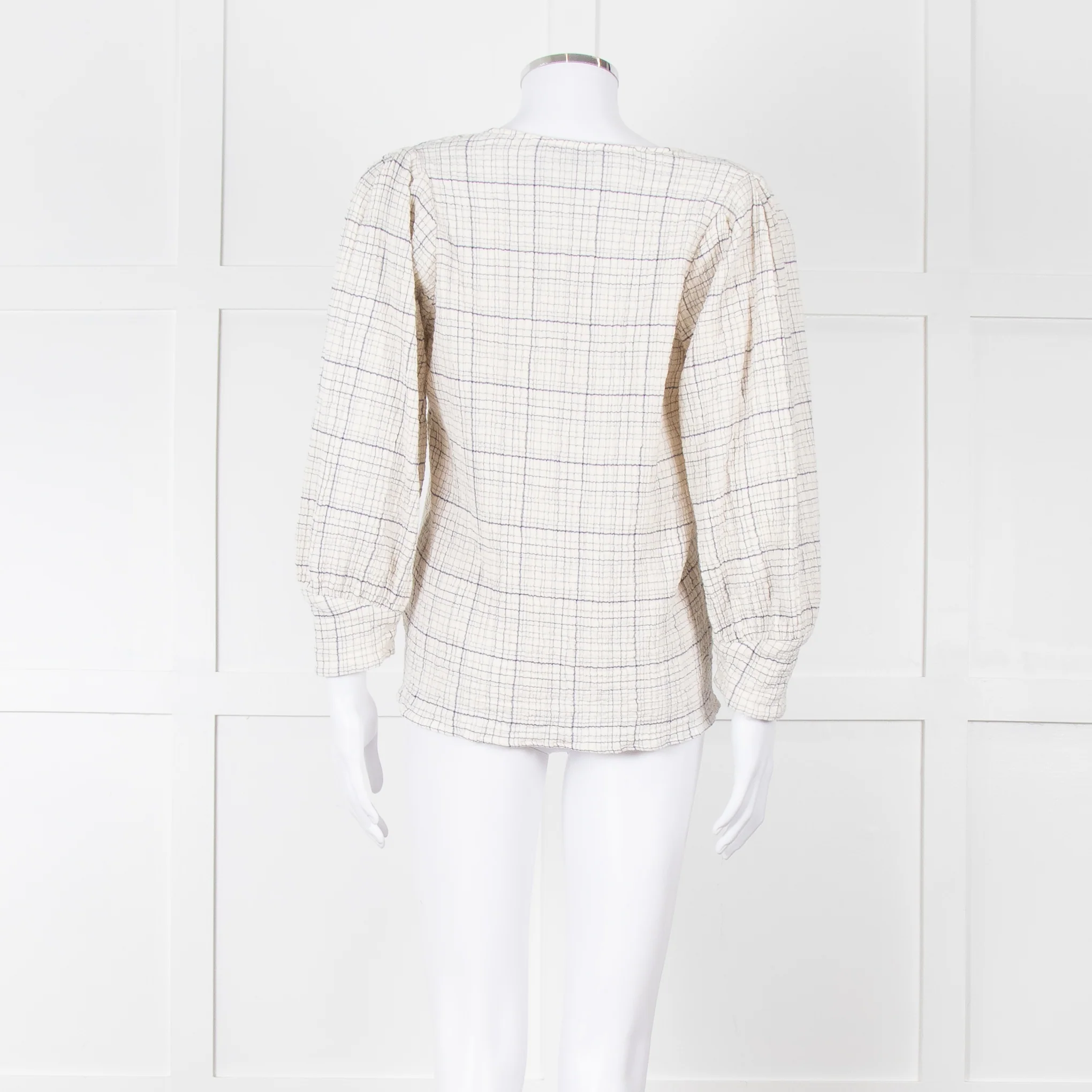 Adolfo Dominguez White and Blue Check Cheesecloth Blouse - Image 5