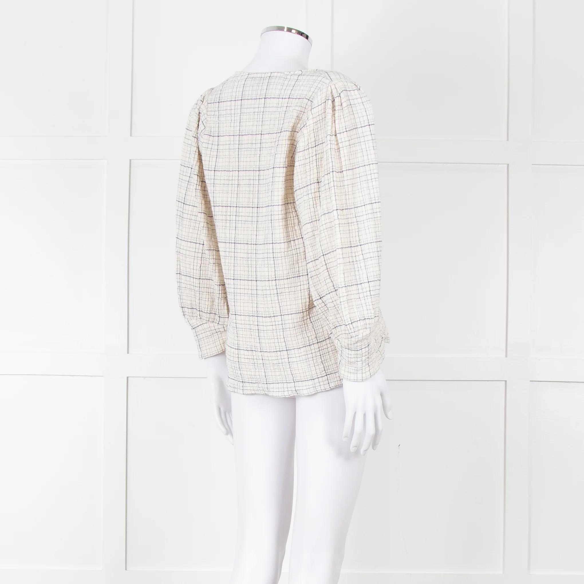 Adolfo Dominguez White and Blue Check Cheesecloth Blouse - Image 6