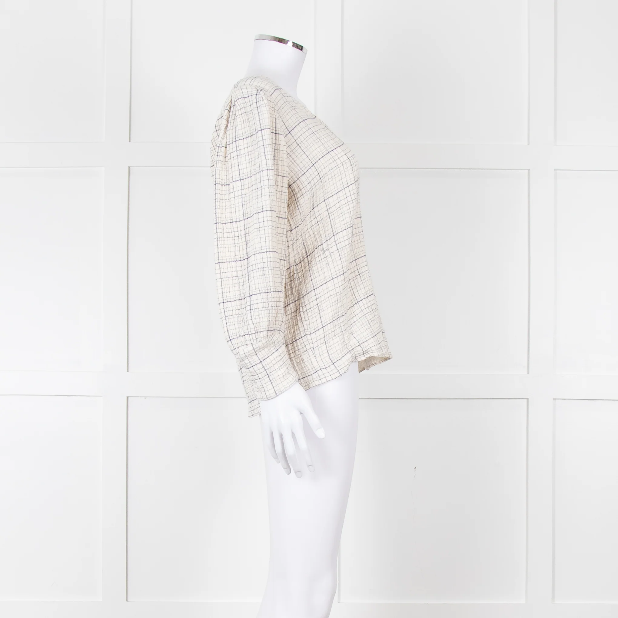 Adolfo Dominguez White and Blue Check Cheesecloth Blouse - Image 7