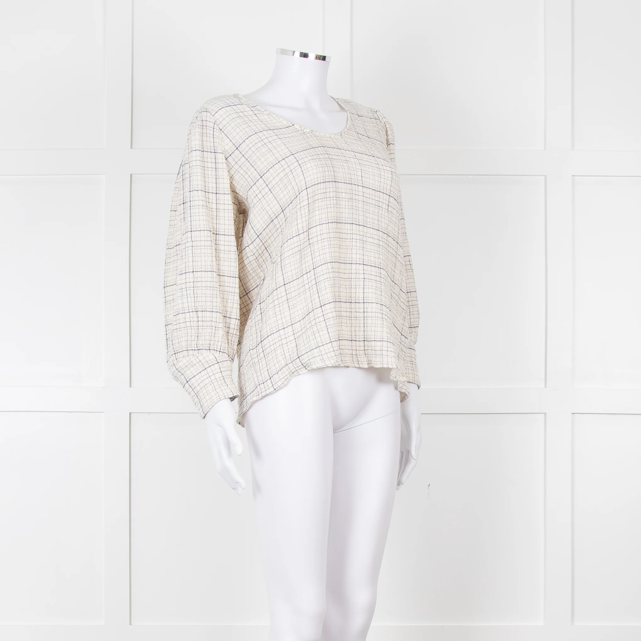 Adolfo Dominguez White and Blue Check Cheesecloth Blouse - Image 8