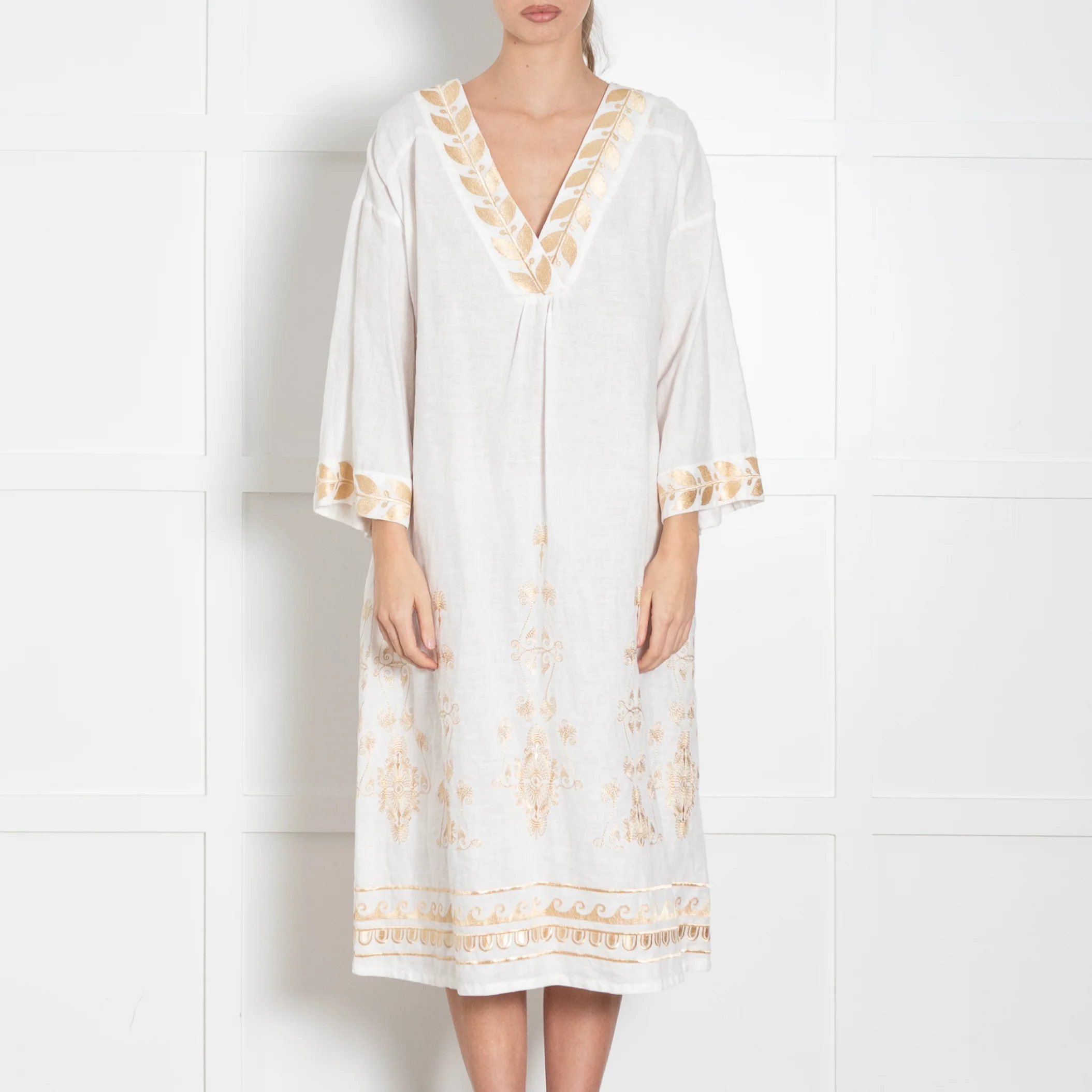 Aether White Linen Tunic Dress with Gold Tone Embroidery - Image 2