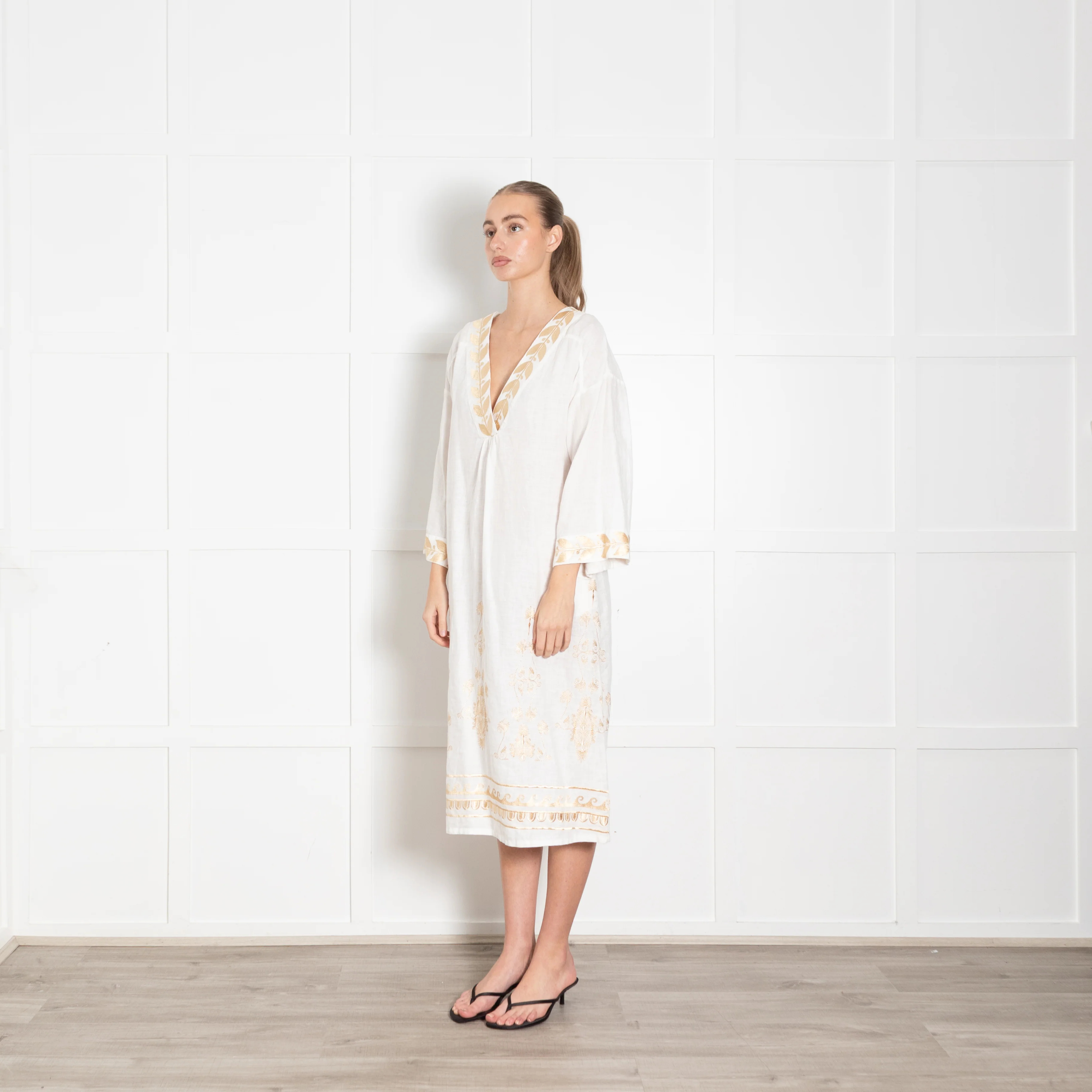 Aether White Linen Tunic Dress with Gold Tone Embroidery - Image 3