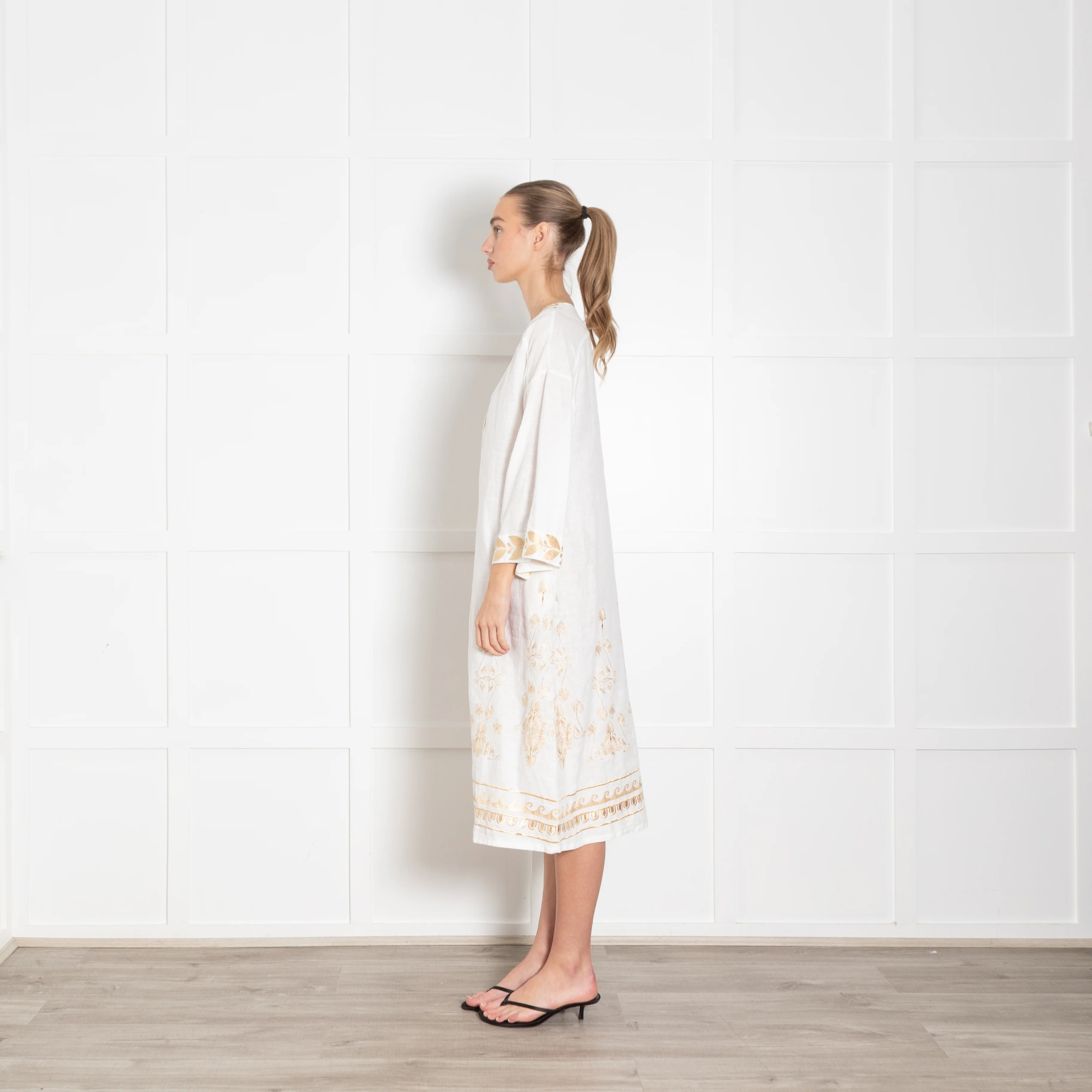 Aether White Linen Tunic Dress with Gold Tone Embroidery - Image 4
