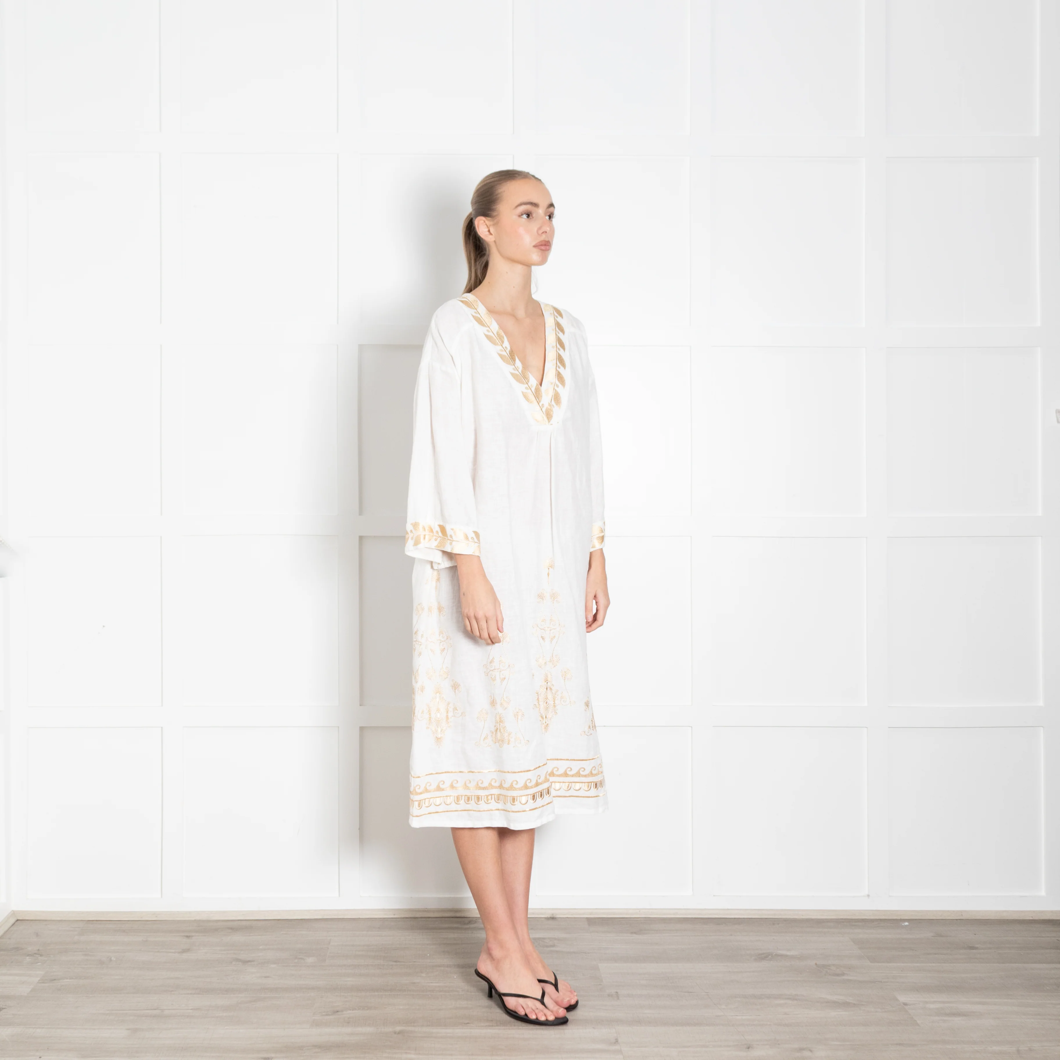 Aether White Linen Tunic Dress with Gold Tone Embroidery - Image 7