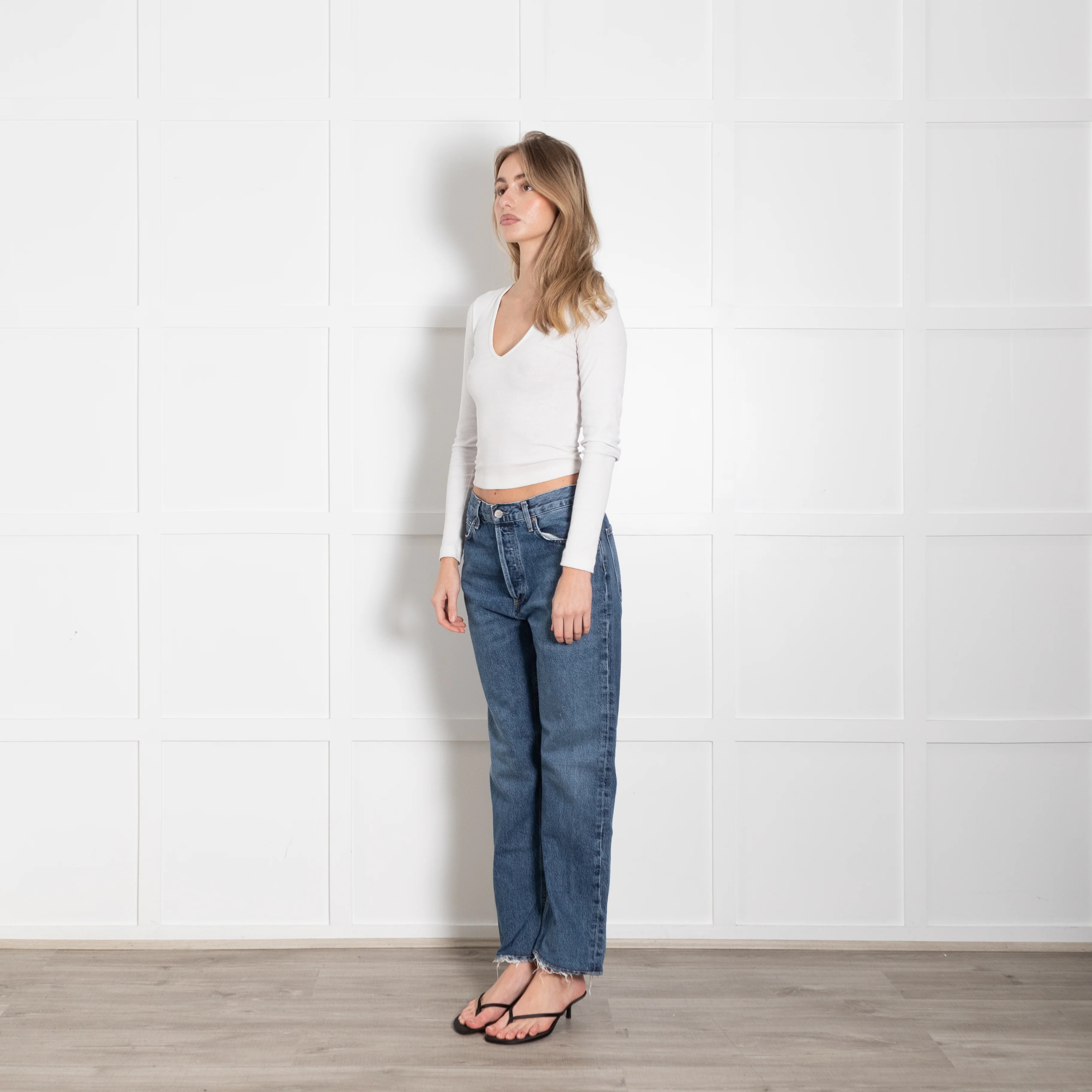 Agolde Blue Denim Distressed Straight Leg Jeans - Image 3