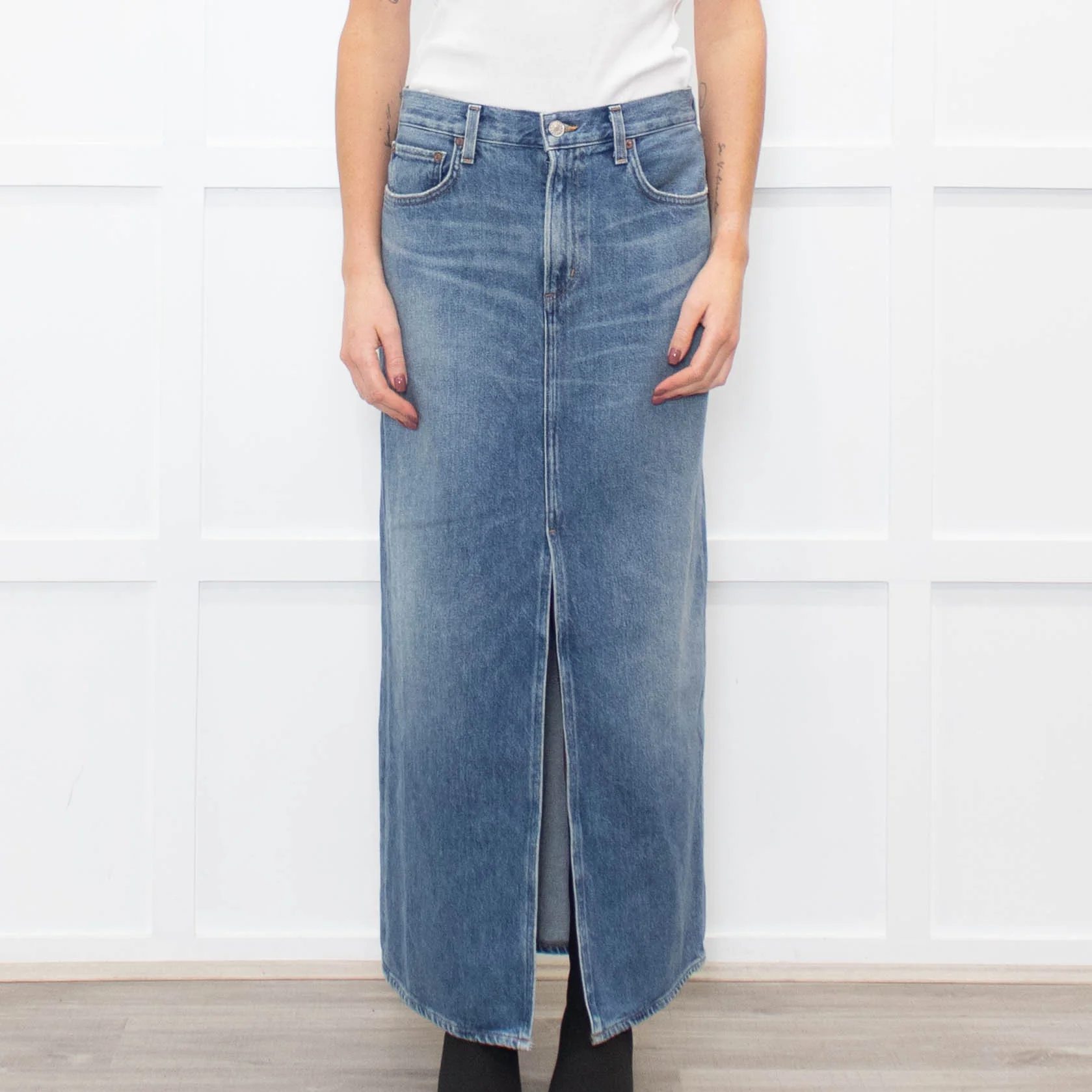 Agolde Pale Blue Denim Long Skirt With Front Split - Image 2