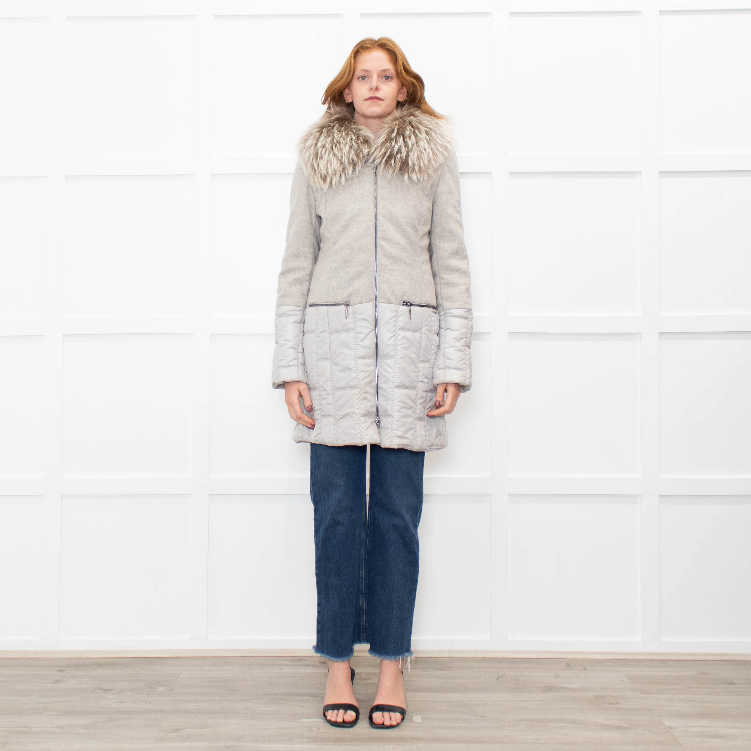 Airfield Light Grey Wool Quilted Fur Trim Coat