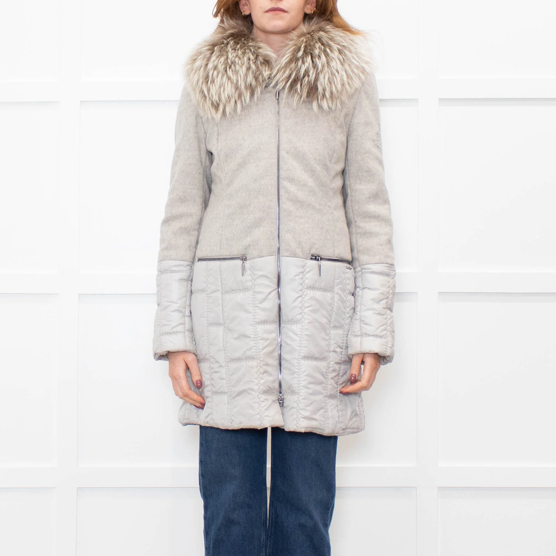 Airfield Light Grey Wool Quilted Fur Trim Coat - Image 2