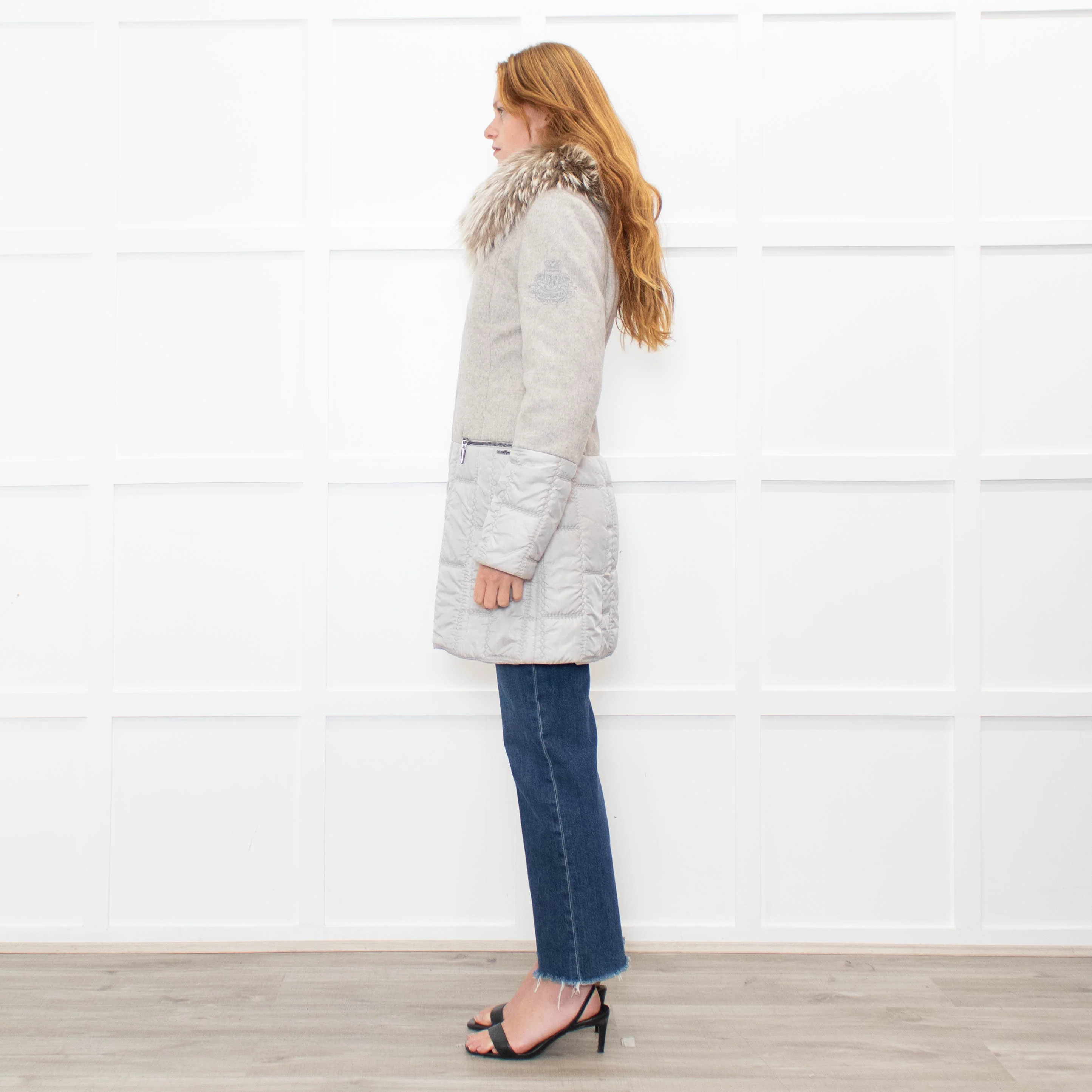 Airfield Light Grey Wool Quilted Fur Trim Coat - Image 4