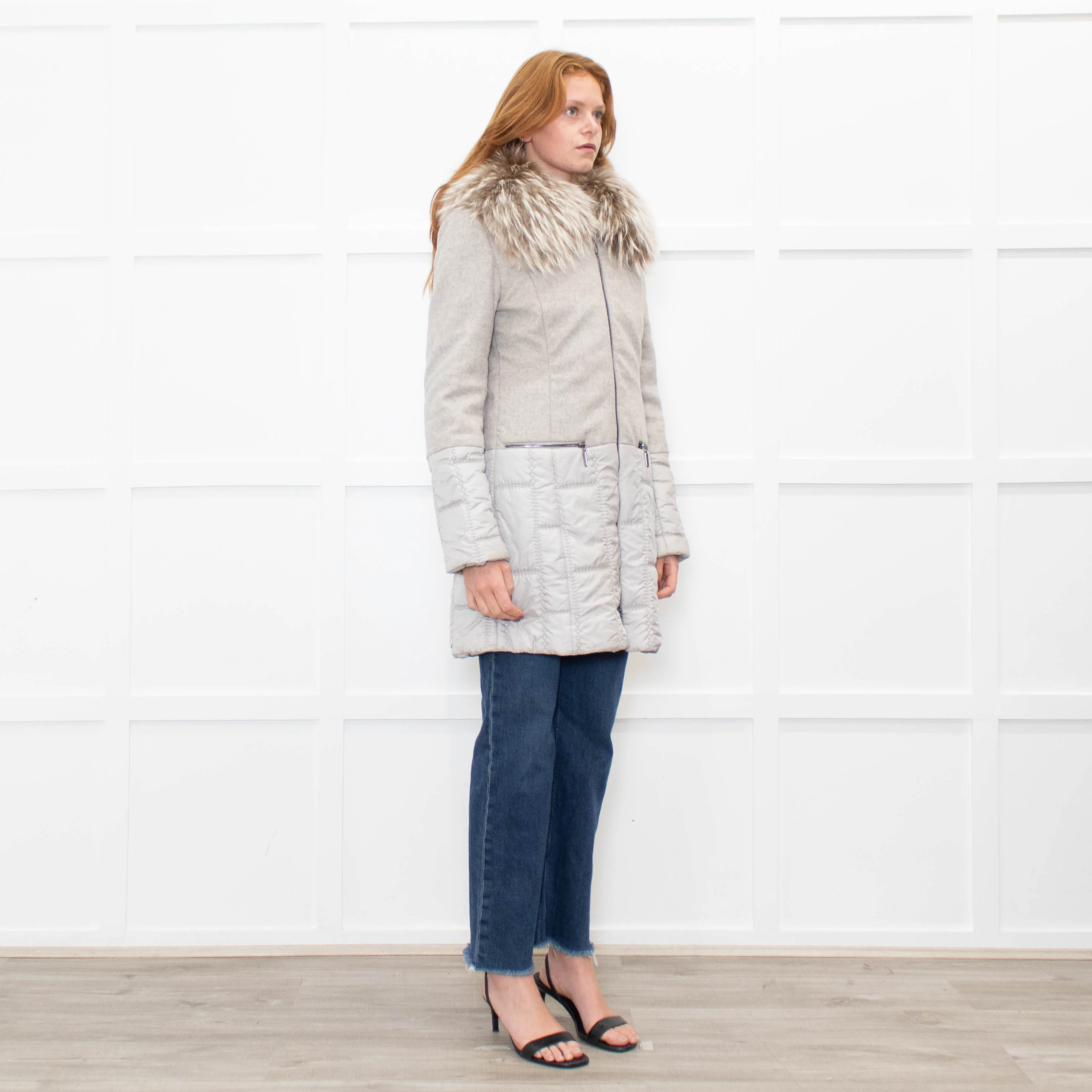 Airfield Light Grey Wool Quilted Fur Trim Coat - Image 7