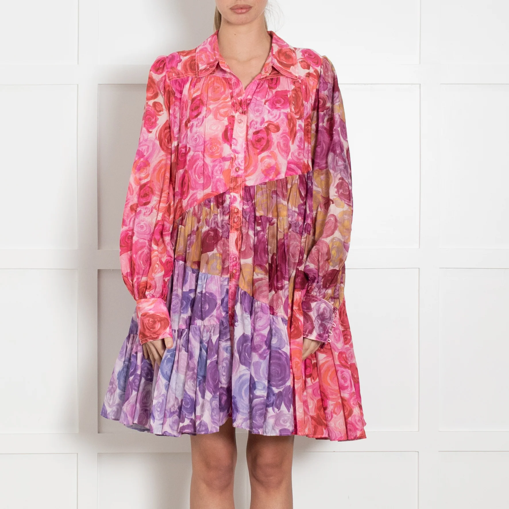Aje Multicoloured Print Tiered Short Dress With Long Sleeves - Image 2