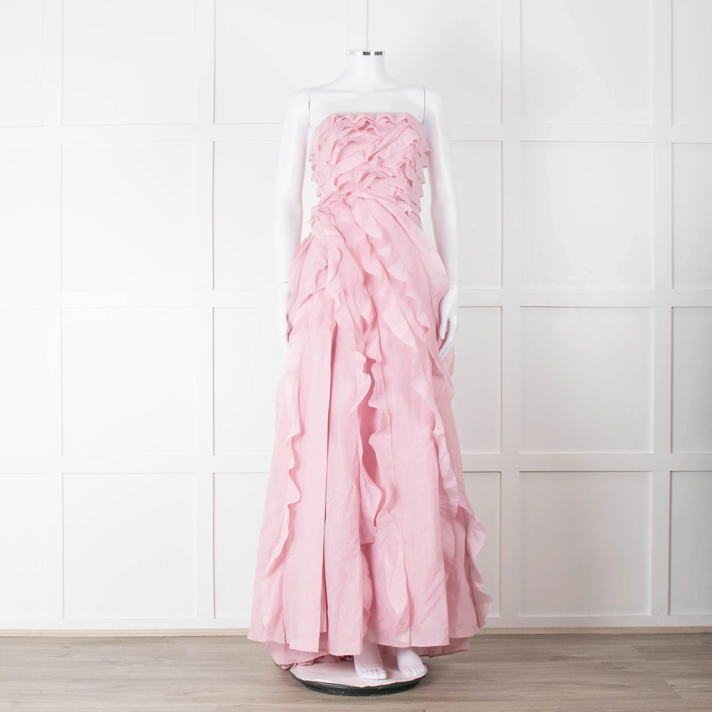 Aje Pale Pink Strapless Frill Maxi Dress