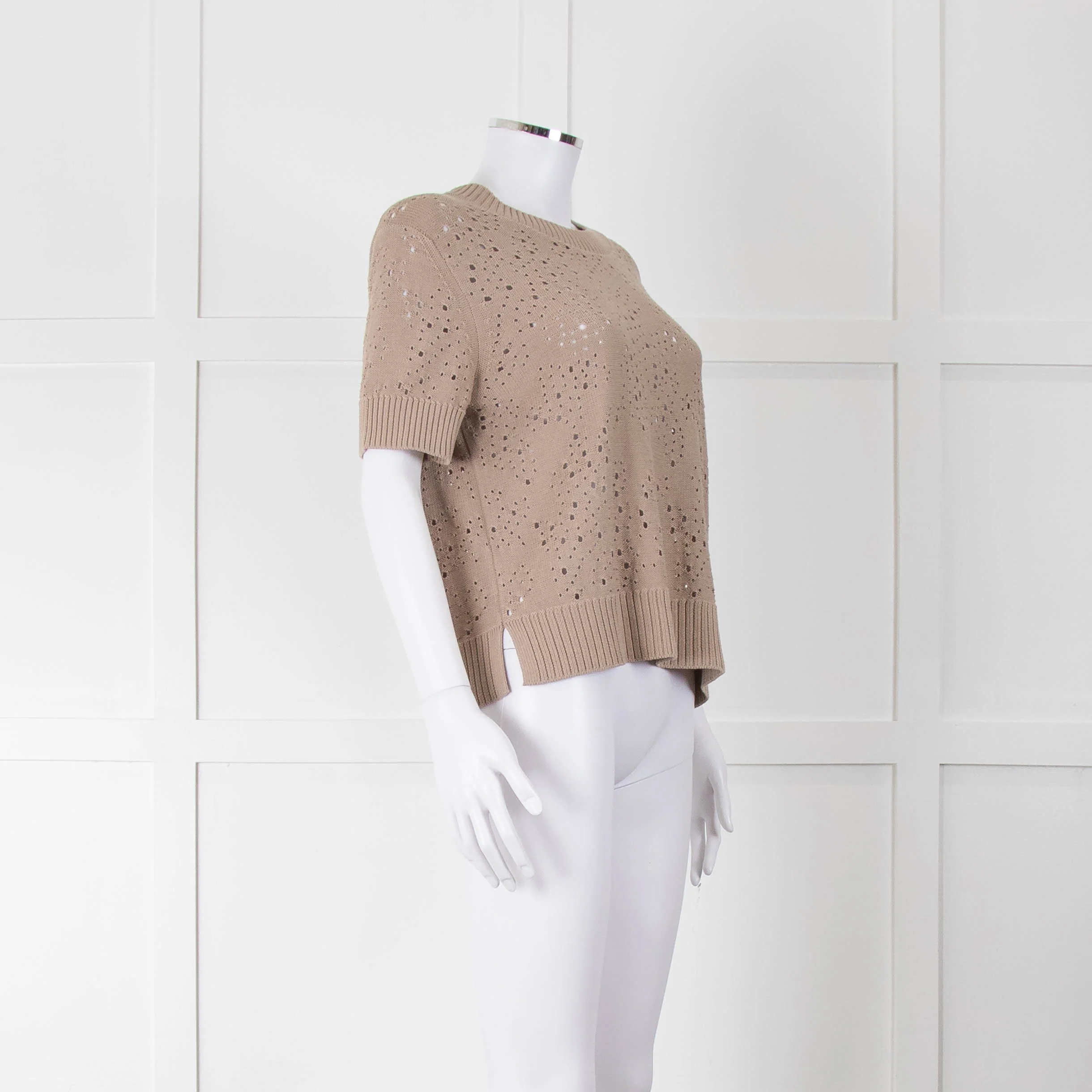 Akris Punto Cotton Crochet Beige Short Sleeve Knitted Top - Image 2