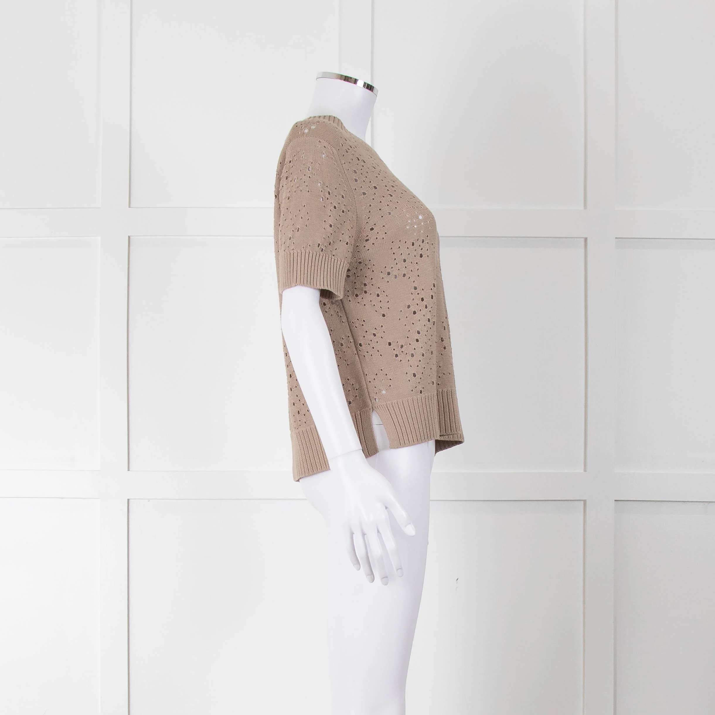 Akris Punto Cotton Crochet Beige Short Sleeve Knitted Top - Image 3