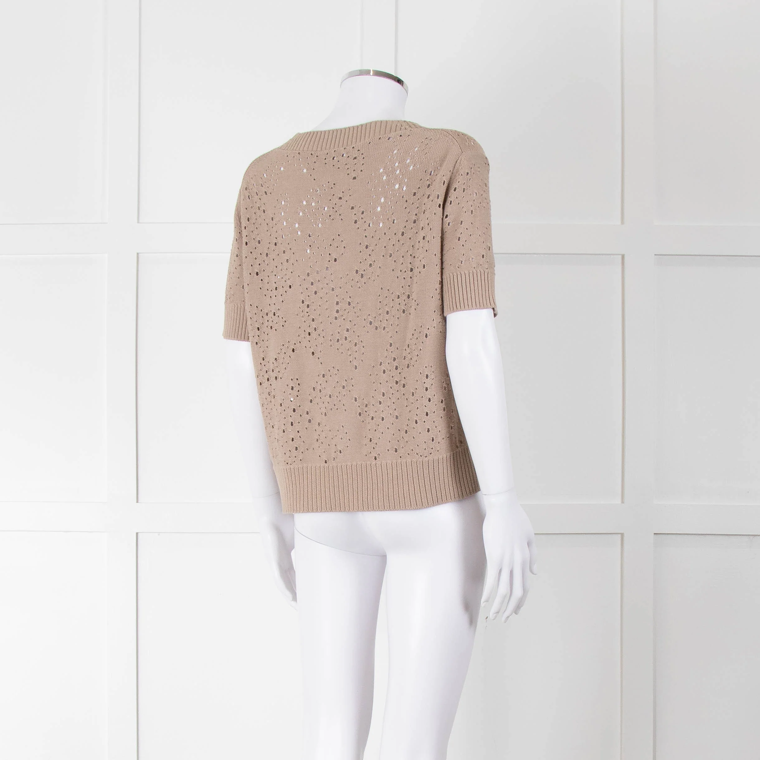 Akris Punto Cotton Crochet Beige Short Sleeve Knitted Top - Image 4