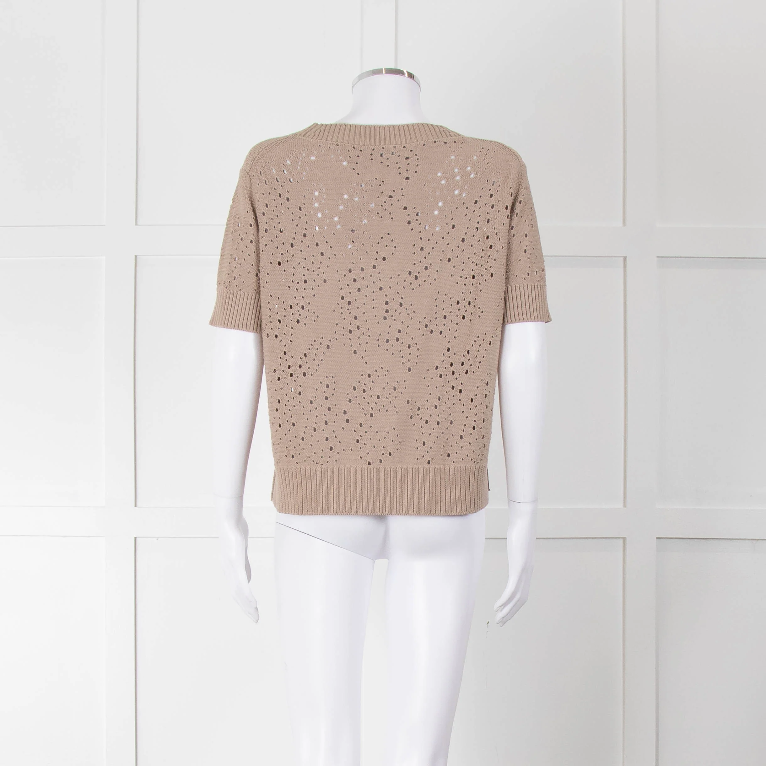 Akris Punto Cotton Crochet Beige Short Sleeve Knitted Top - Image 5